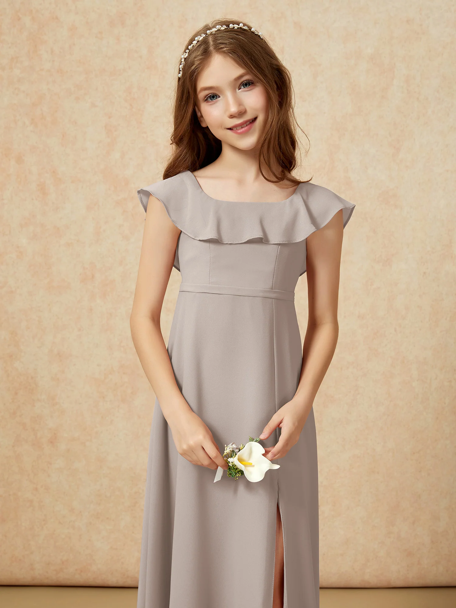 Square Neck Chiffon Junior Bridesmaid Dress With Slit Taupe - Image 6