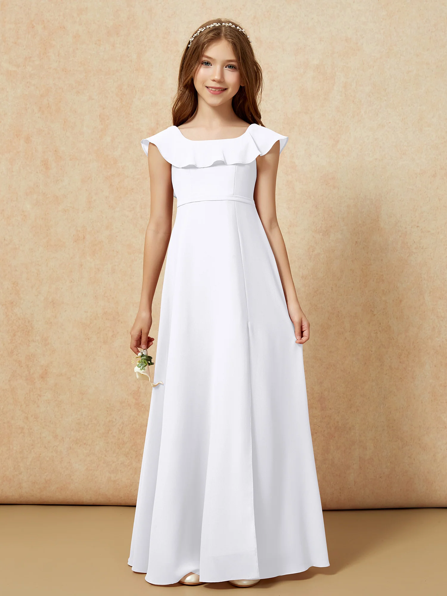 Square Neck Chiffon Junior Bridesmaid Dress With Slit White - Image 4
