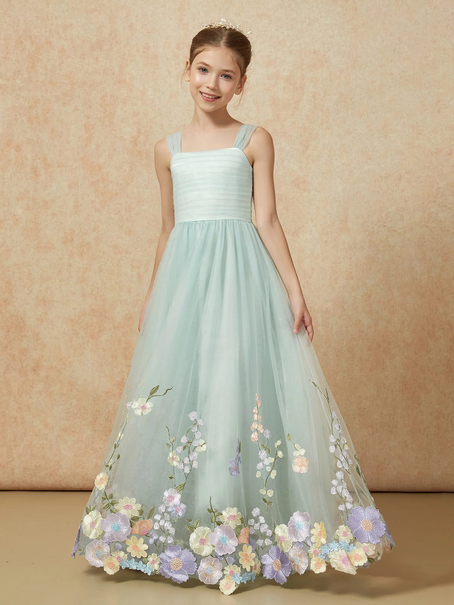 Square Neck Flower Applique Tulle Long Girls Dresses Mist - Image 5