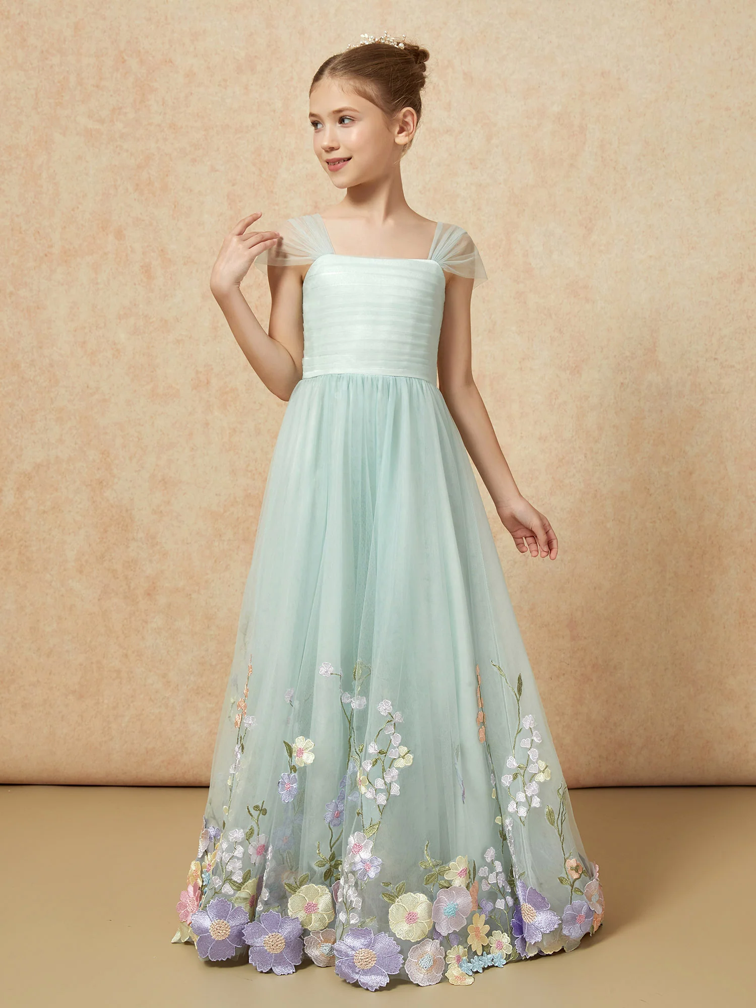 Square Neck Flower Applique Tulle Long Girls Dresses Mist - Image 8