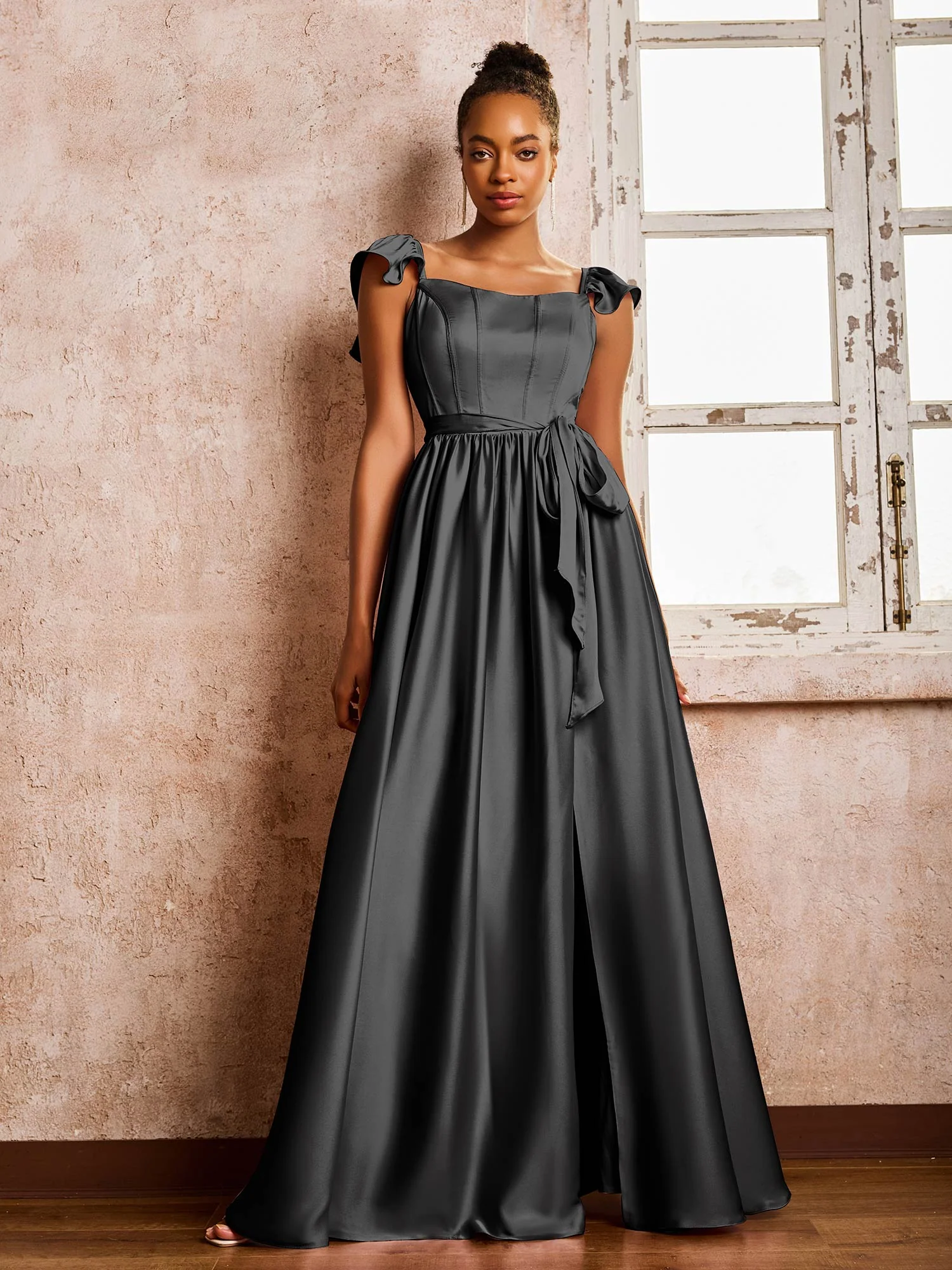 Square Neck Flutter Sleeves A-line High Slit Dresses With Belt Black - Image 3