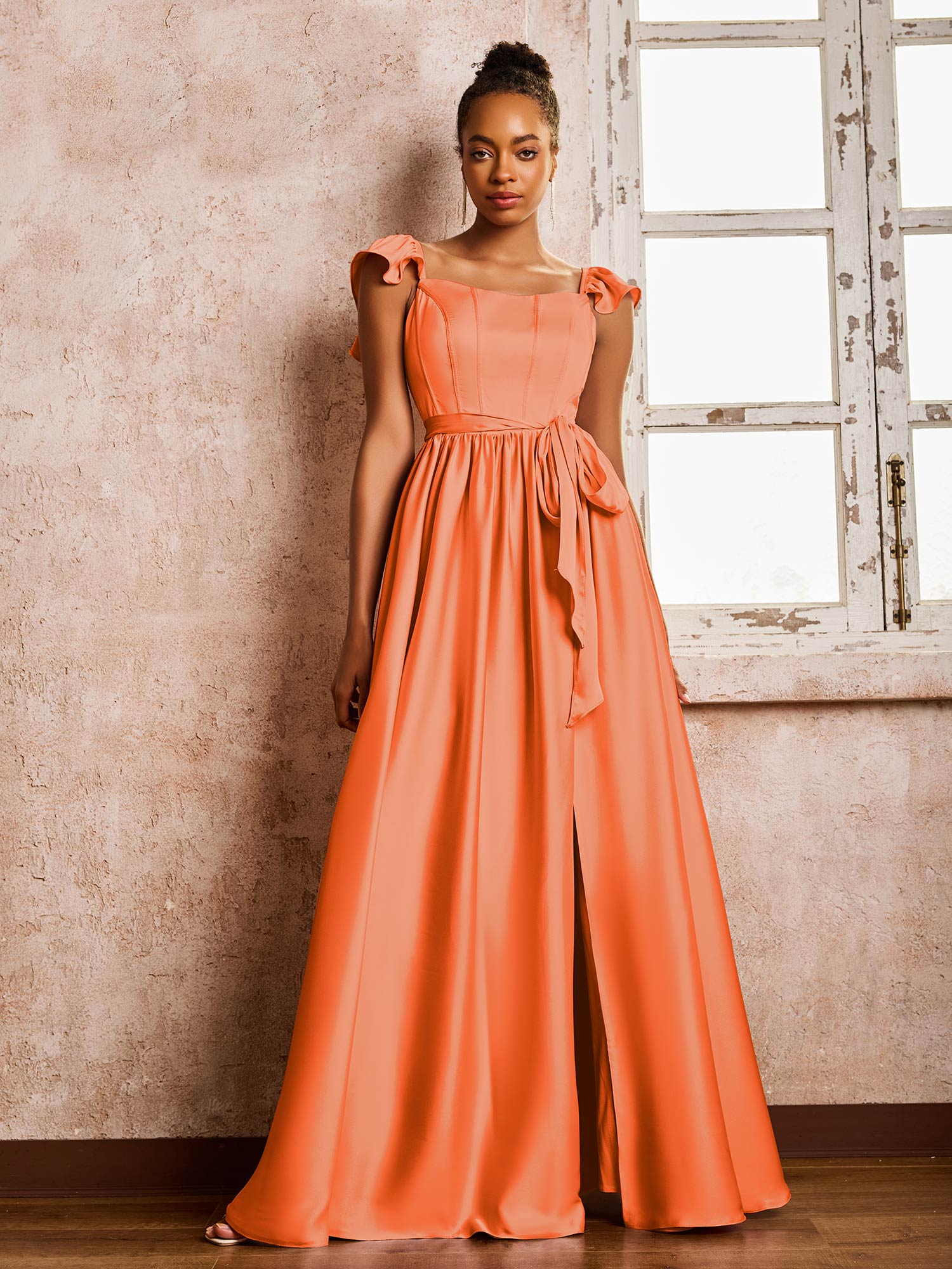Square Neck Flutter Sleeves A-line High Slit Dresses With Belt Burnt Orange - Image 3