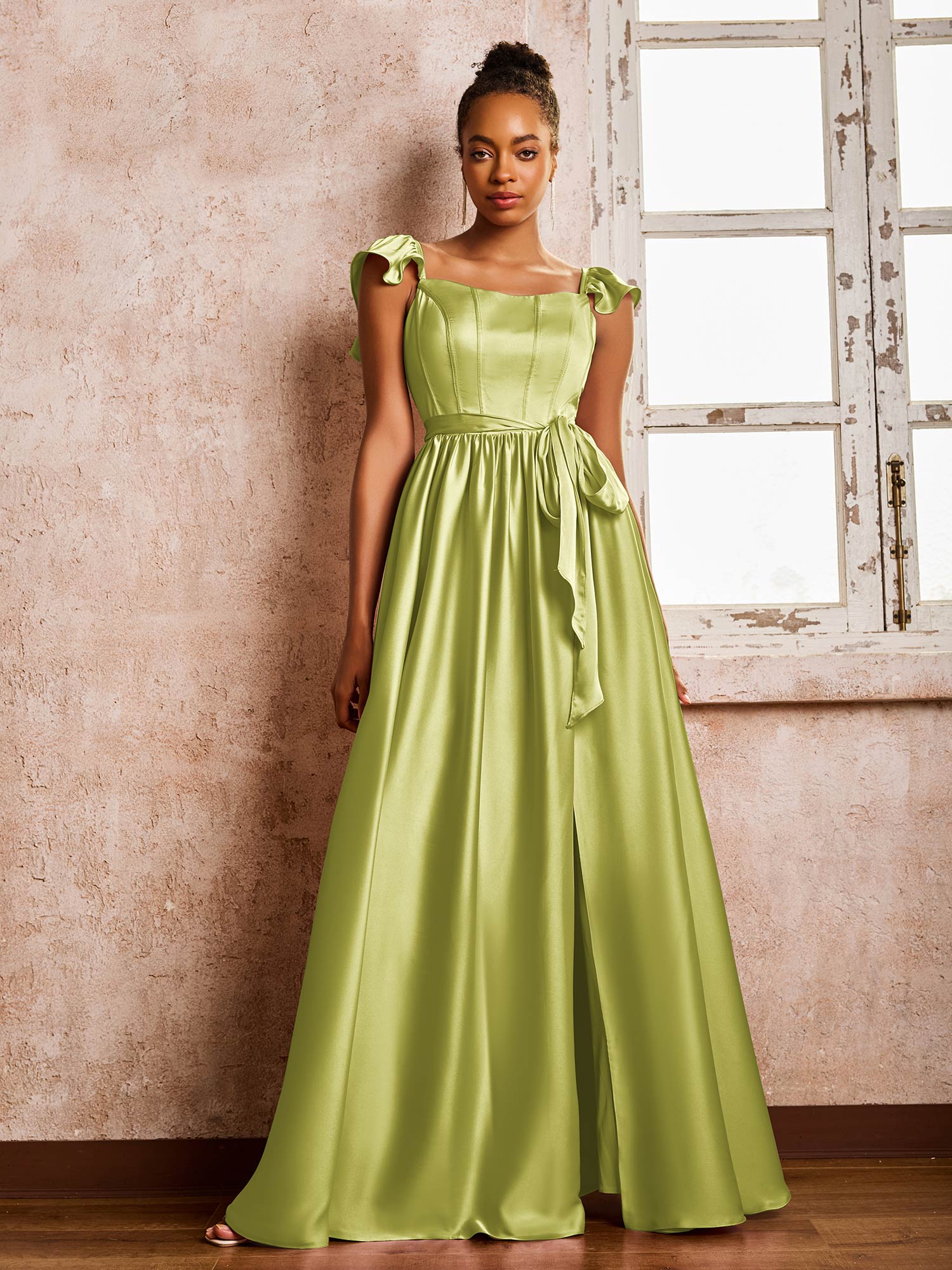 Square Neck Flutter Sleeves A-line High Slit Dresses With Belt Clover - Image 3