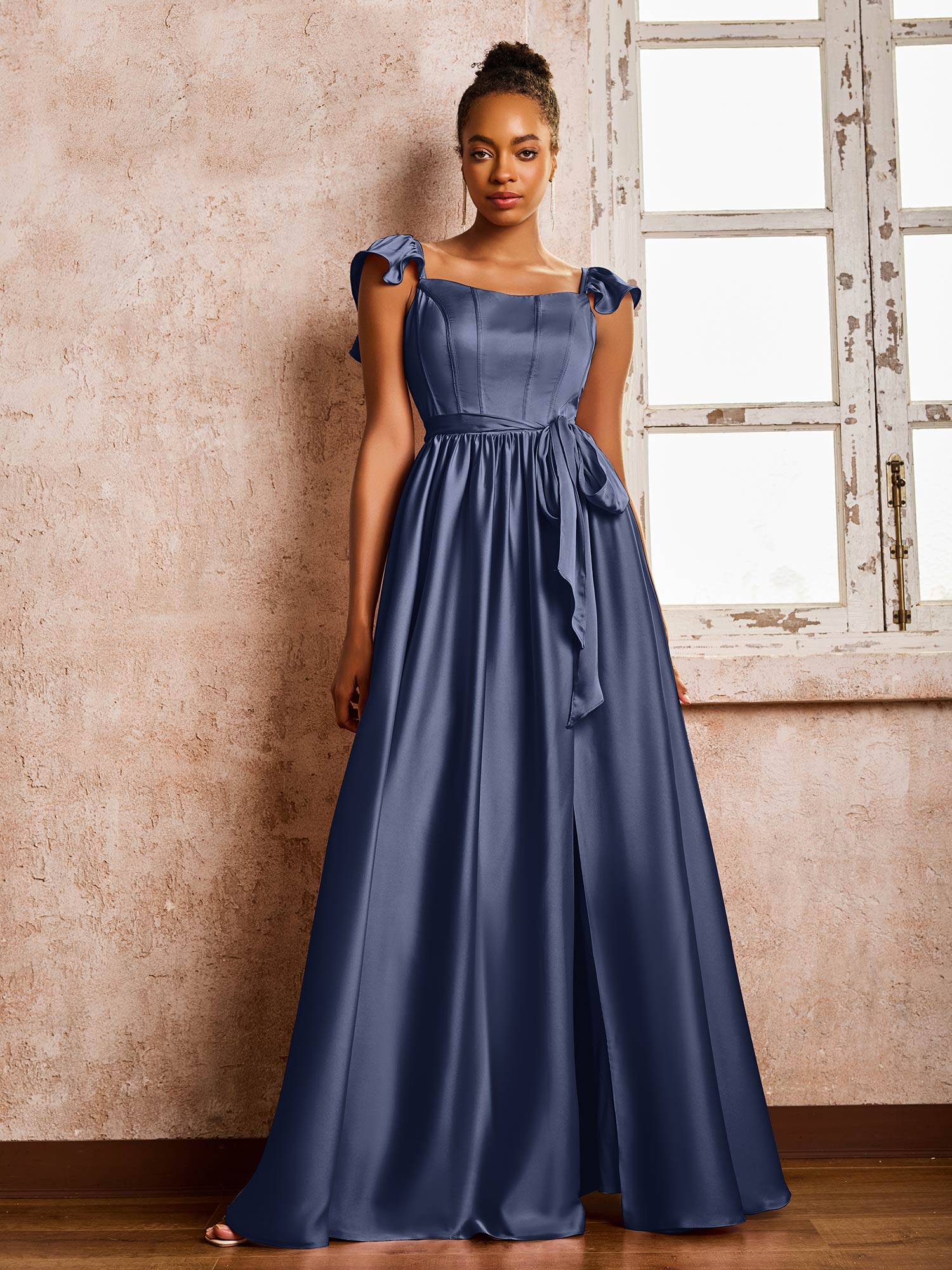 Square Neck Flutter Sleeves A-line High Slit Dresses With Belt Dark Navy - Image 3