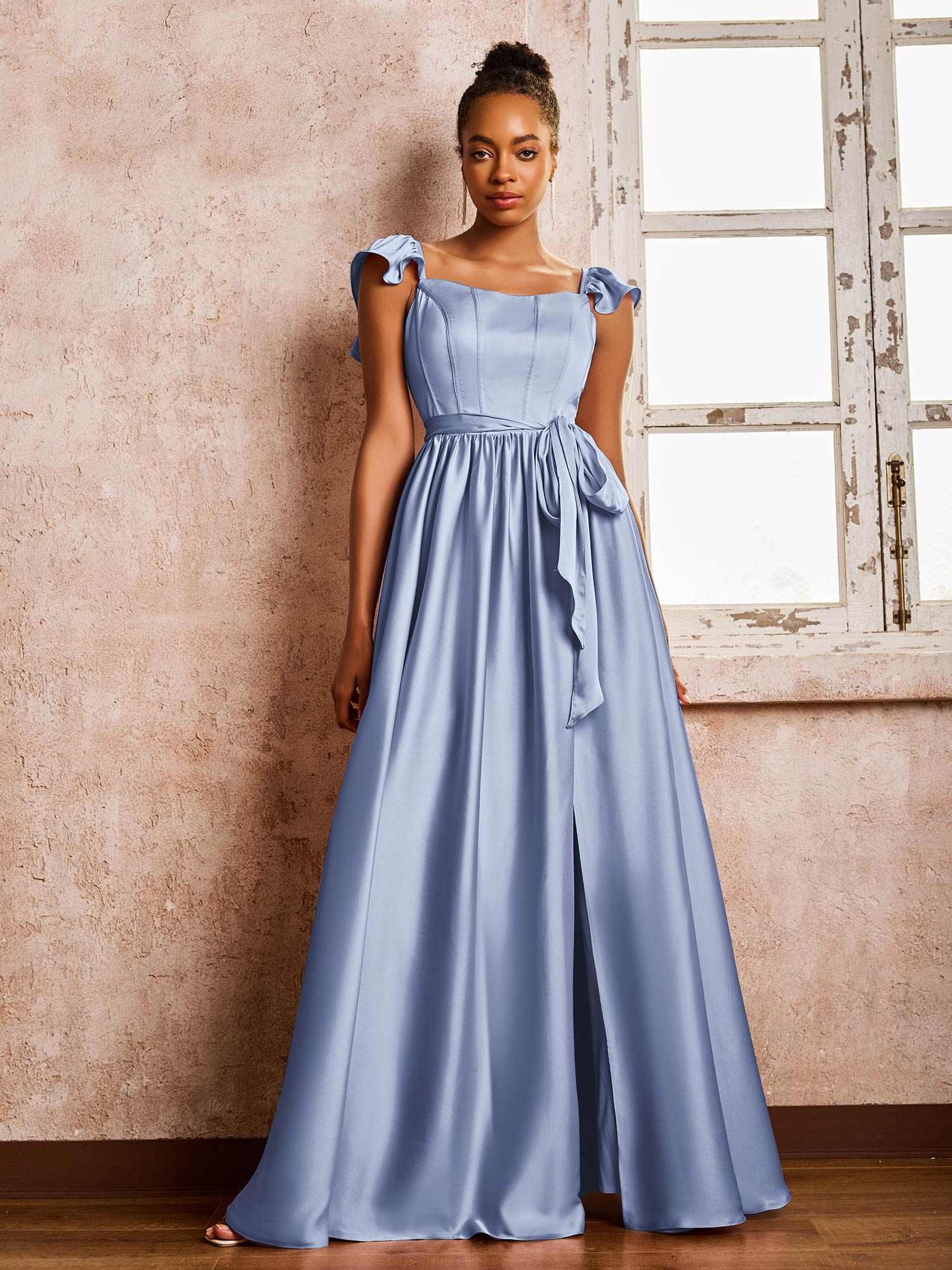 Square Neck Flutter Sleeves A-line High Slit Dresses With Belt Dusty Blue - Image 3