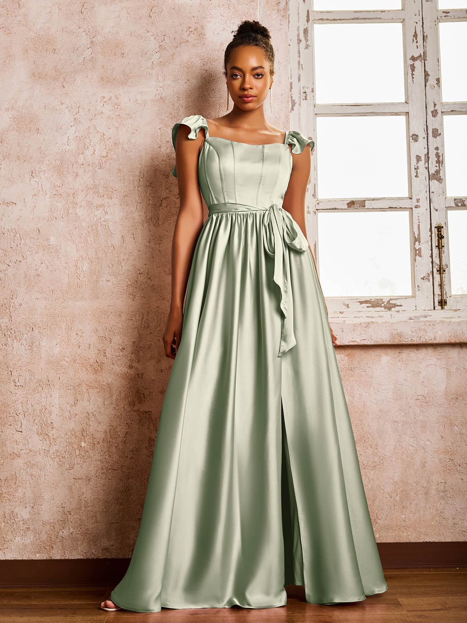 Square Neck Flutter Sleeves A-line High Slit Dresses With Belt Dusty Sage - Image 3