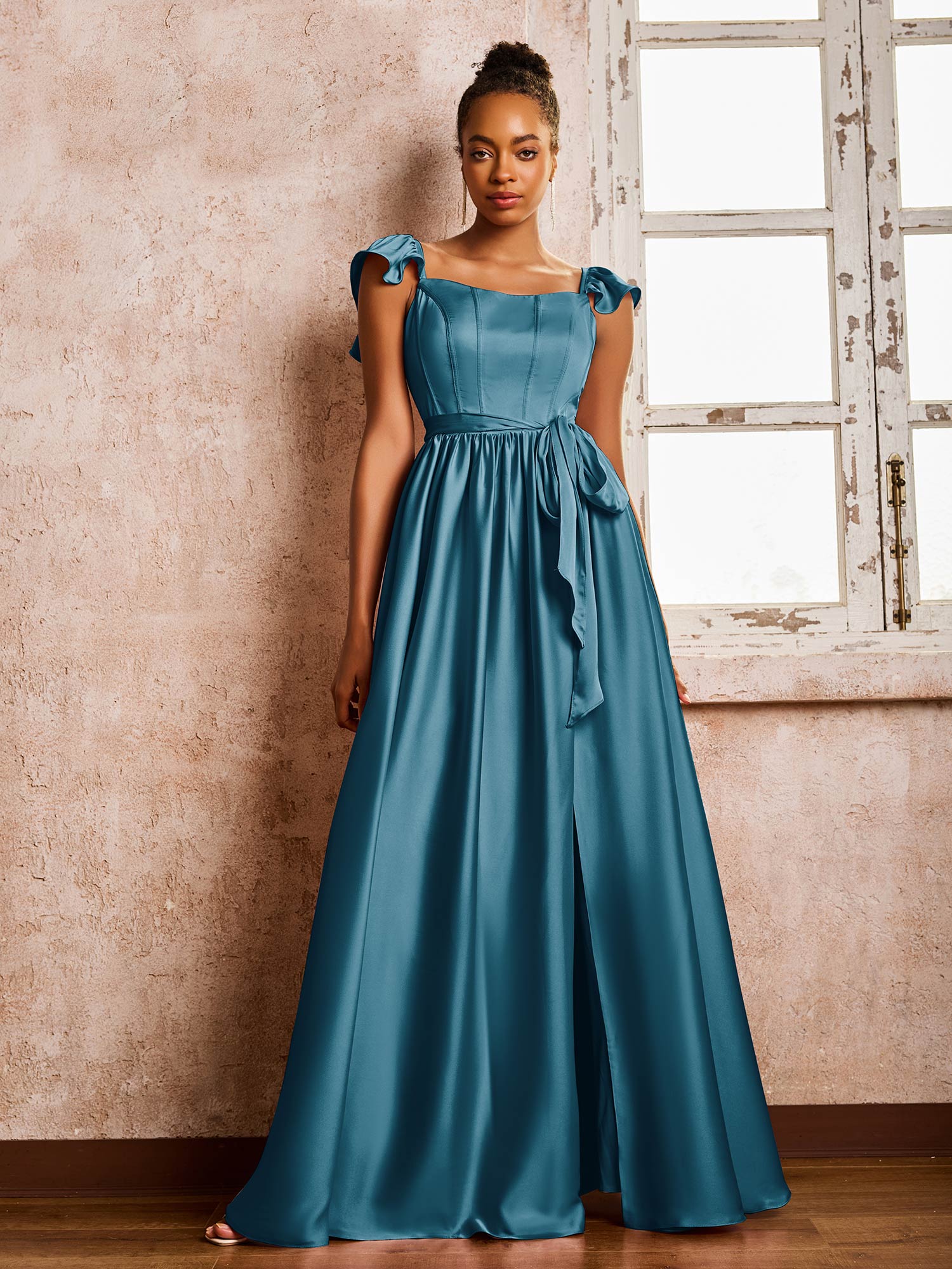 Square Neck Flutter Sleeves A-line High Slit Dresses With Belt Ink Blue - Image 3