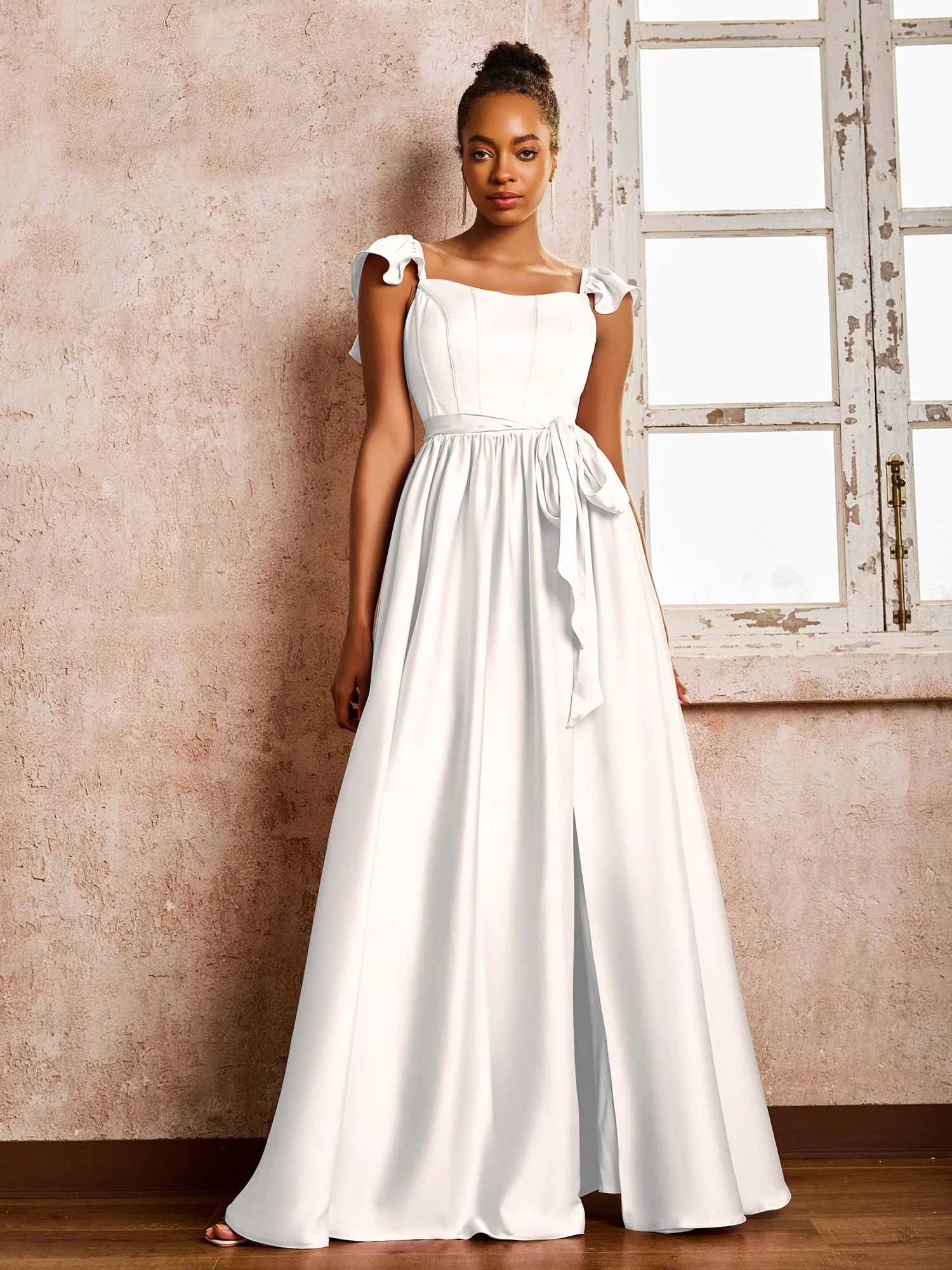 Square Neck Flutter Sleeves A-line High Slit Dresses With Belt Ivory - Image 3