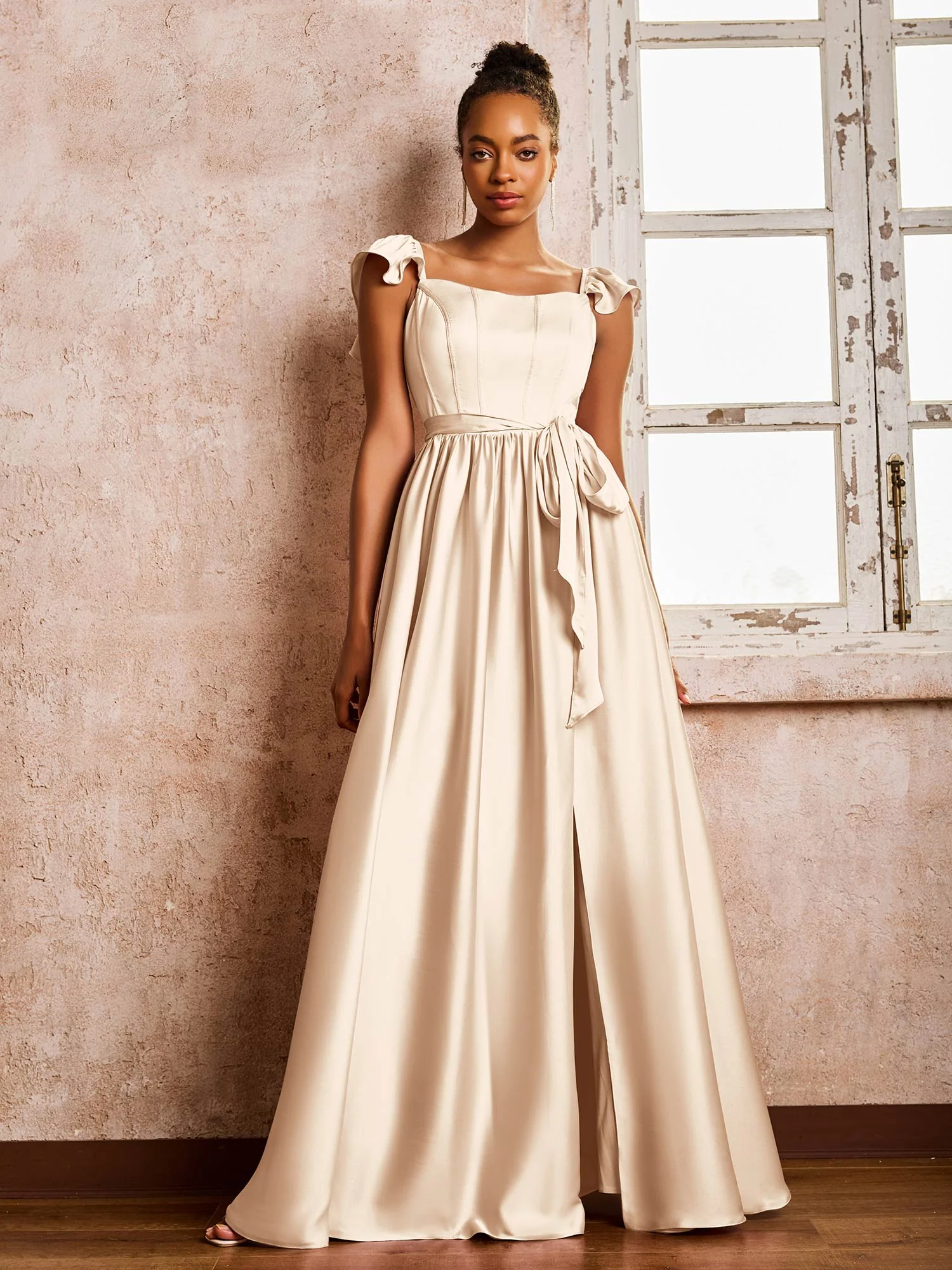 Square Neck Flutter Sleeves A-line High Slit Dresses With Belt Peach - Image 3
