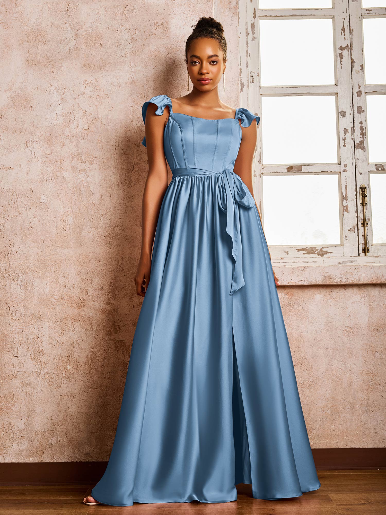 Square Neck Flutter Sleeves A-line High Slit Dresses With Belt Slate Blue - Image 3