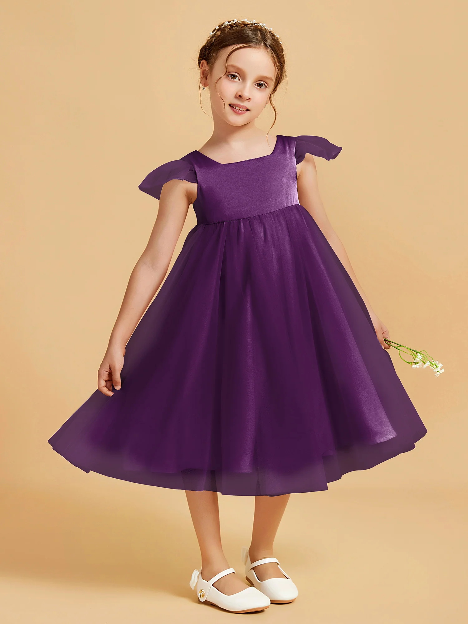 Square Neck Girl's Dress With Flutter Sleeves Grape - Image 3