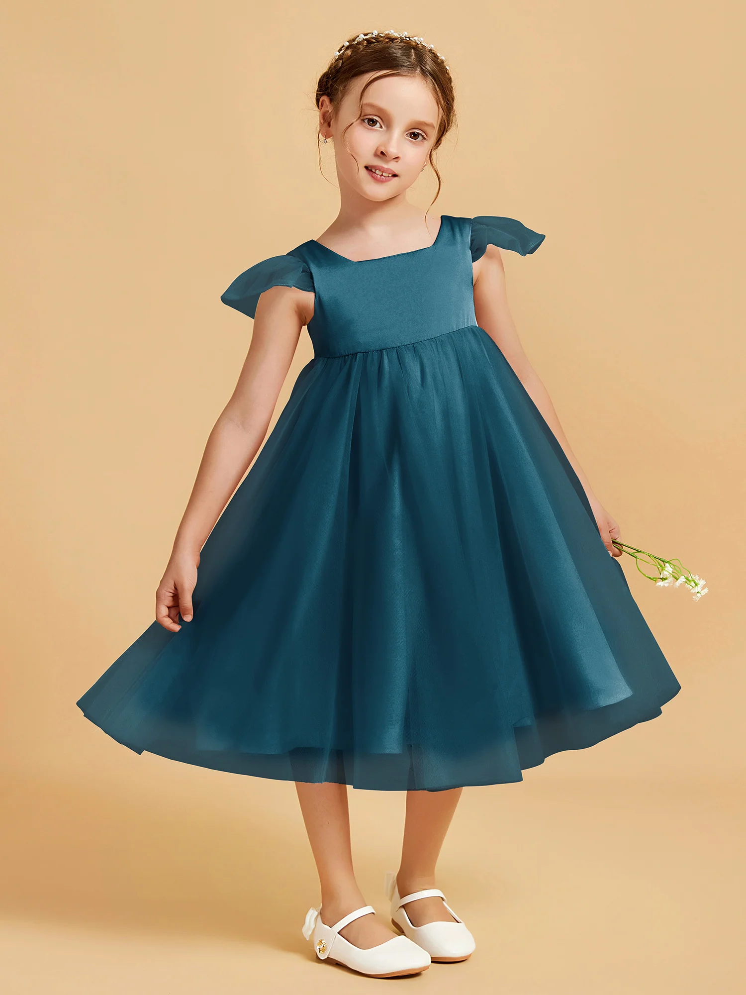 Square Neck Girl's Dress With Flutter Sleeves Ink Blue - Image 3