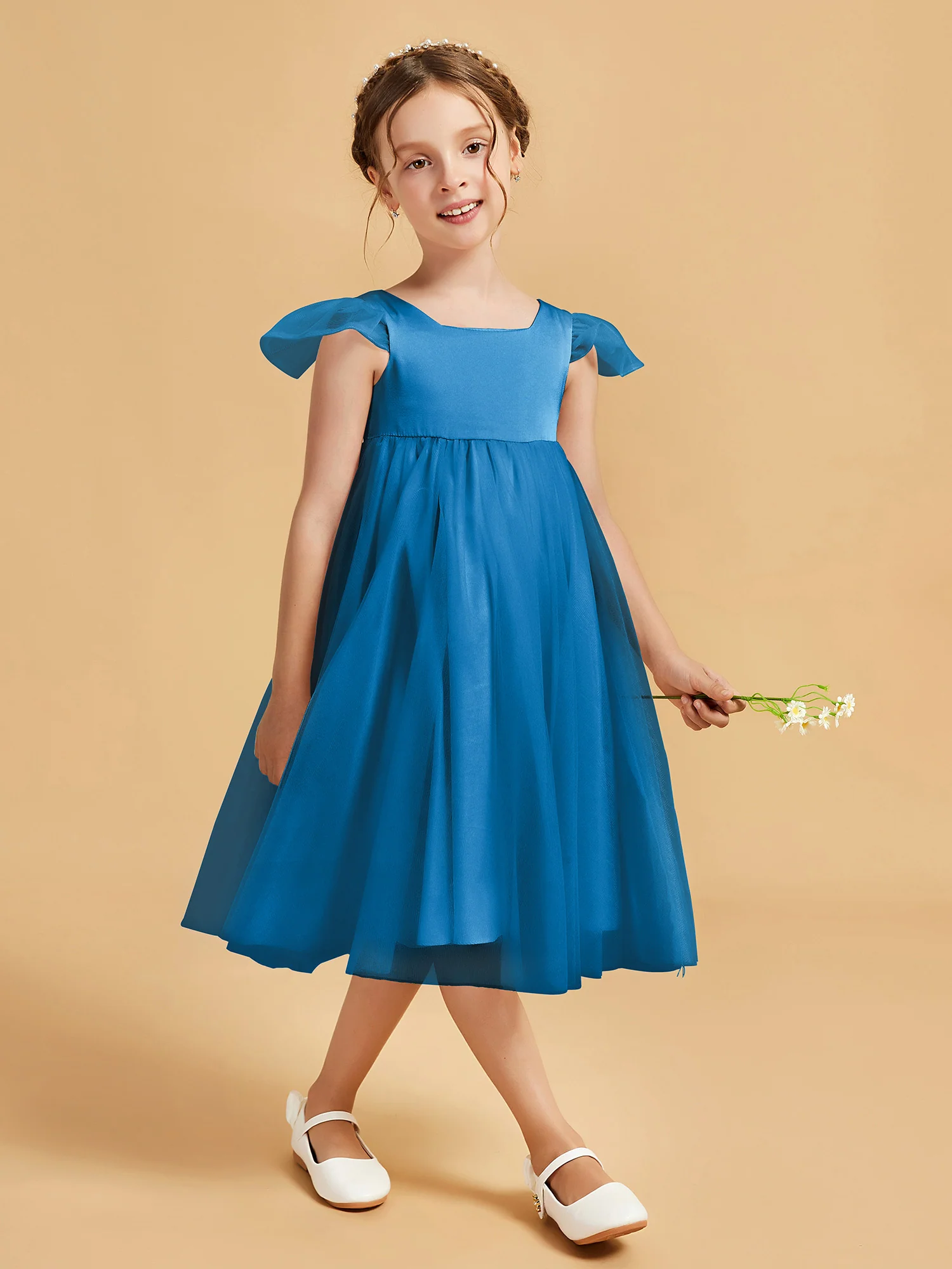 Square Neck Girl's Dress With Flutter Sleeves Ocean Blue