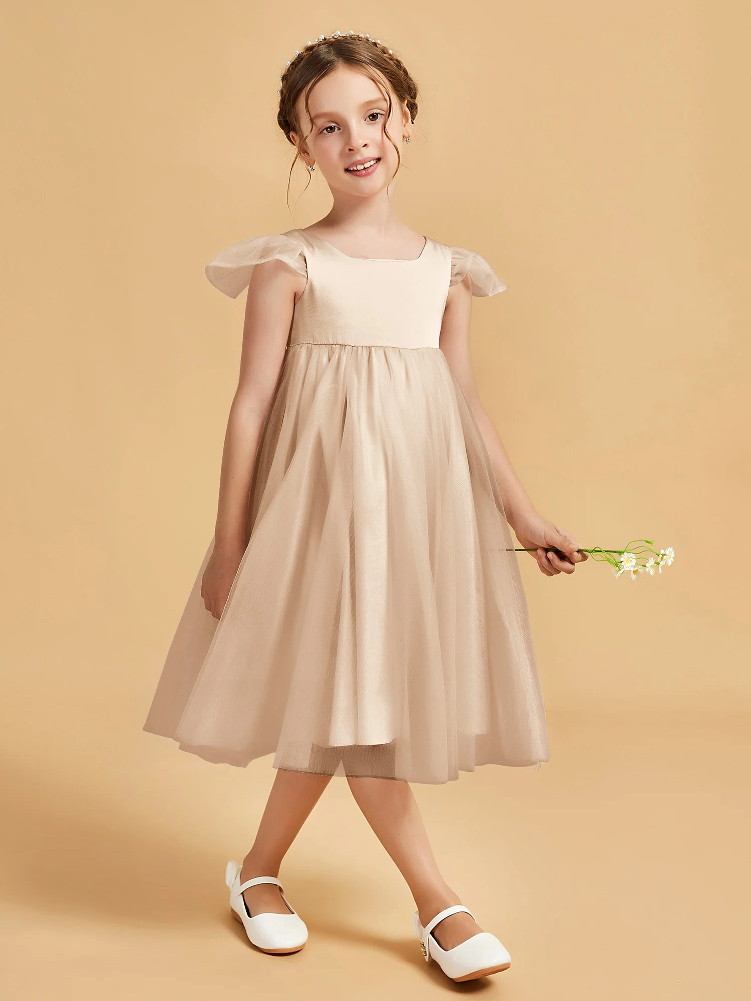Square Neck Girl's Dress With Flutter Sleeves Peach