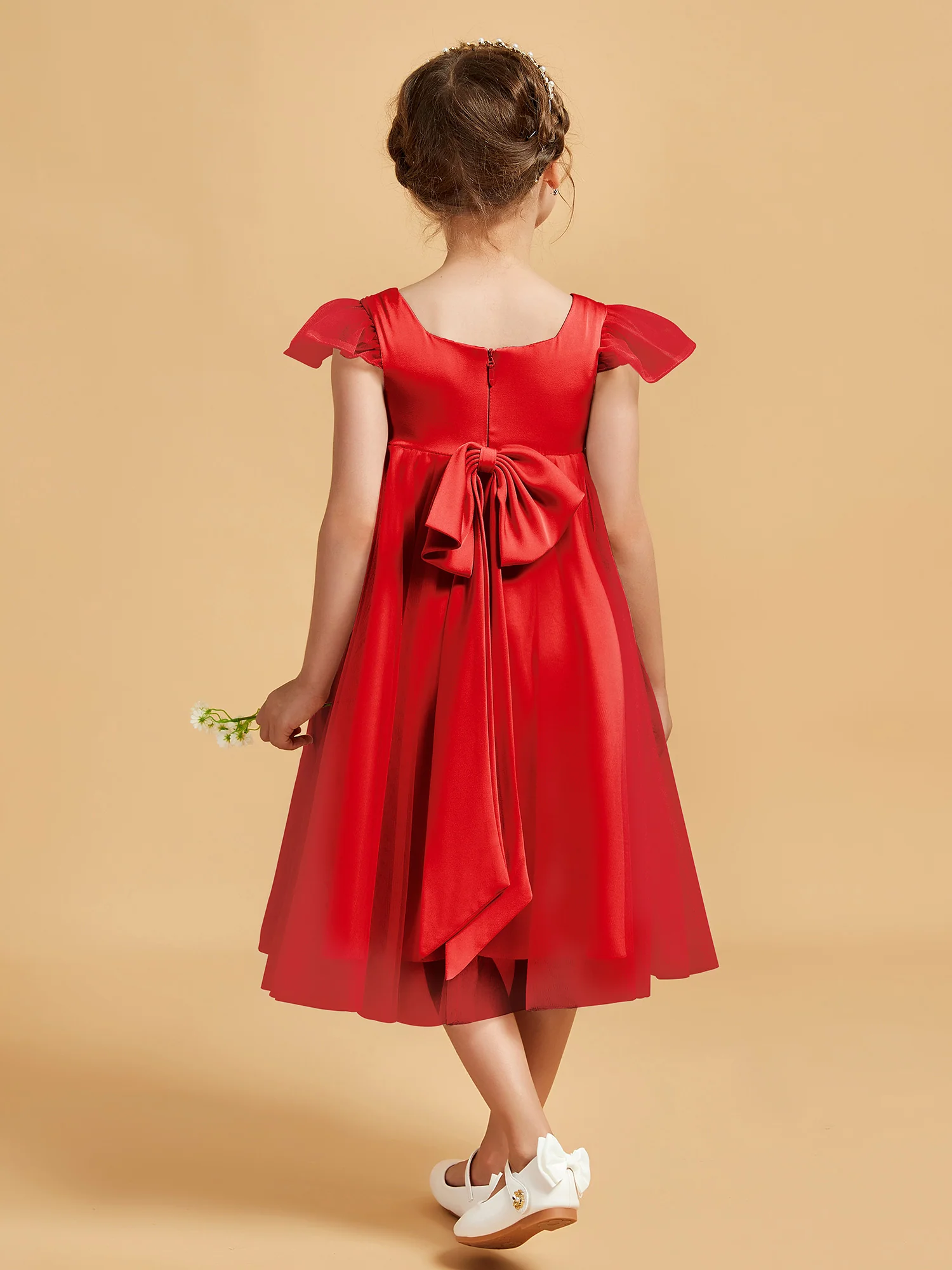 Square Neck Girl's Dress With Flutter Sleeves Red - Image 2