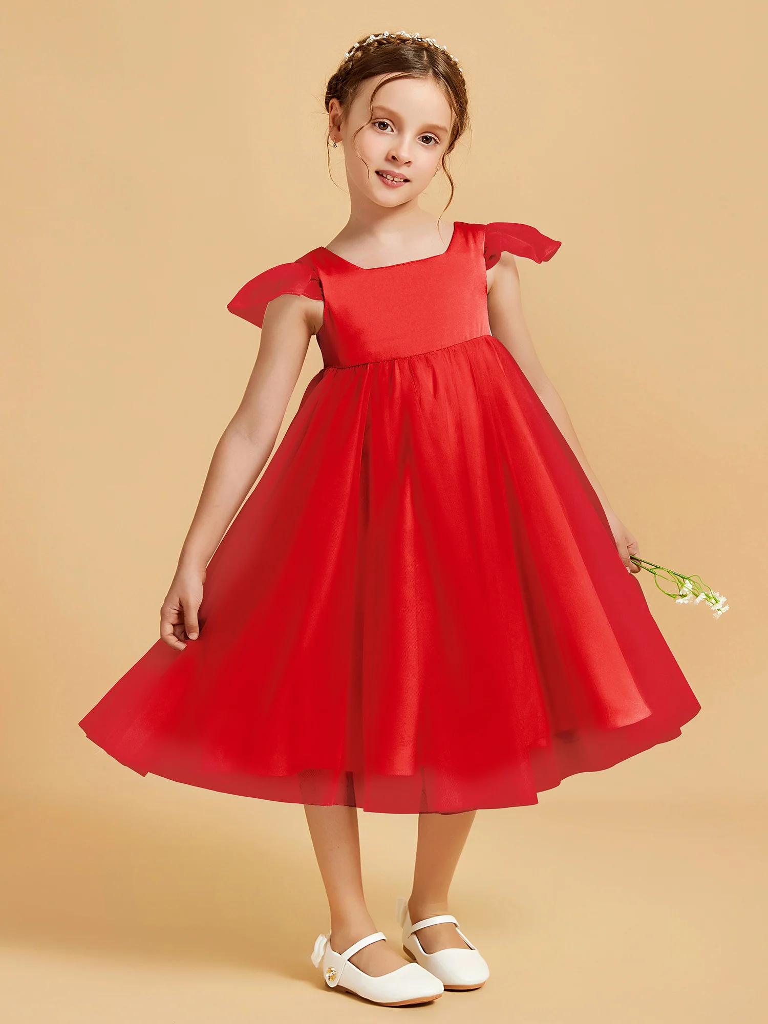 Square Neck Girl's Dress With Flutter Sleeves Red - Image 3
