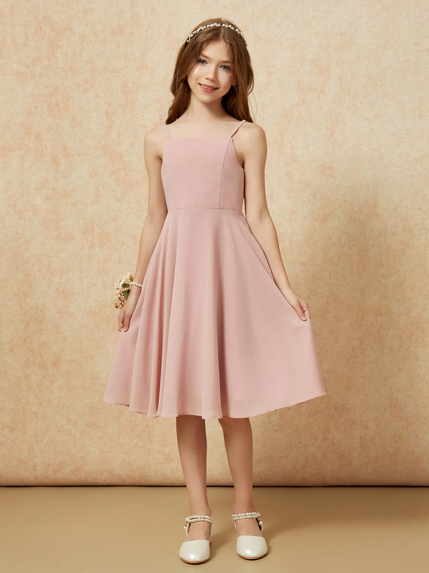 Square Neck Knee-length Junior Bridesmaid Dresses Dusty Rose - Image 5