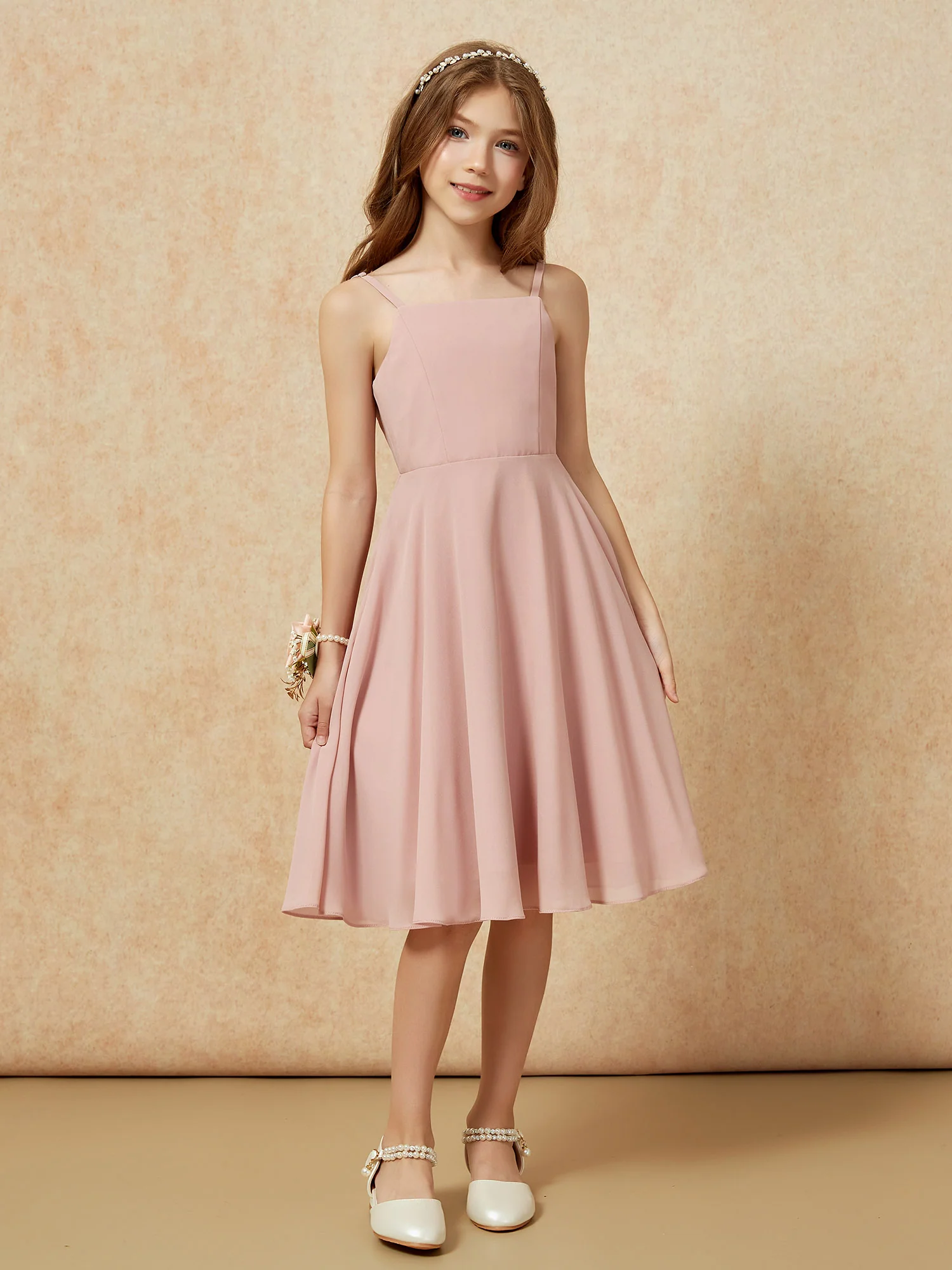 Square Neck Knee-length Junior Bridesmaid Dresses Dusty Rose - Image 6