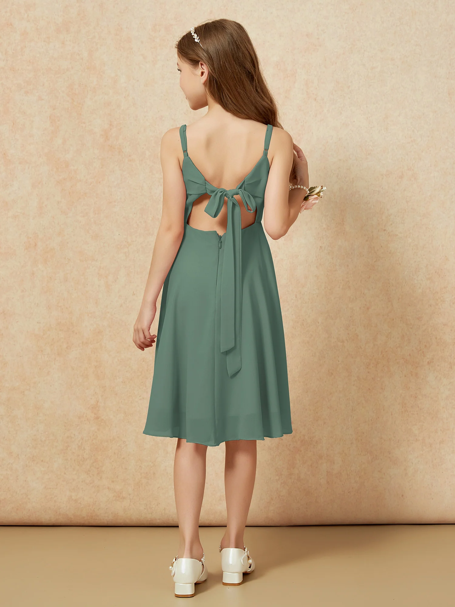 Square Neck Knee-length Junior Bridesmaid Dresses Eucalyptus - Image 2