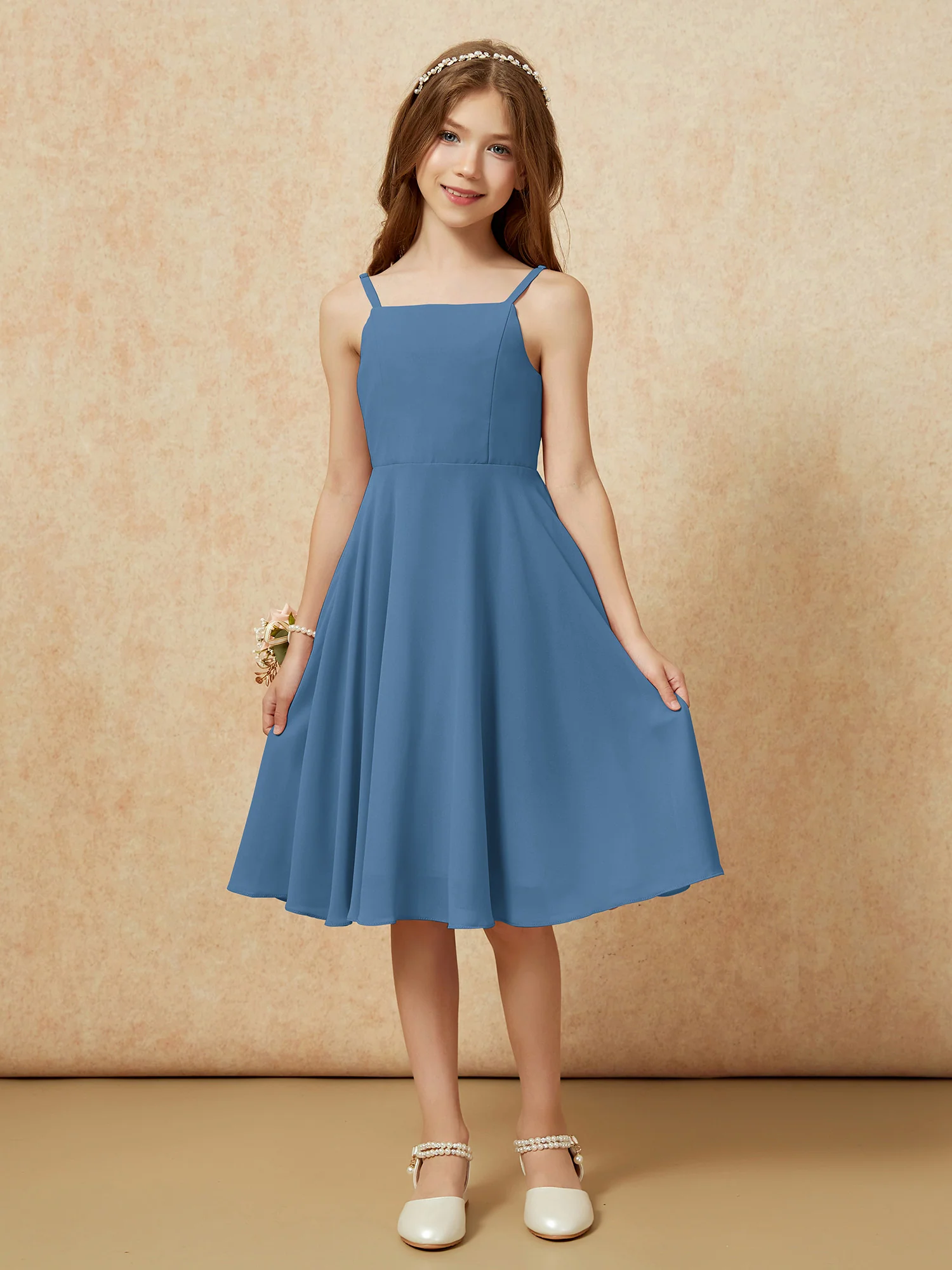 Square Neck Knee-length Junior Bridesmaid Dresses Slate Blue - Image 3