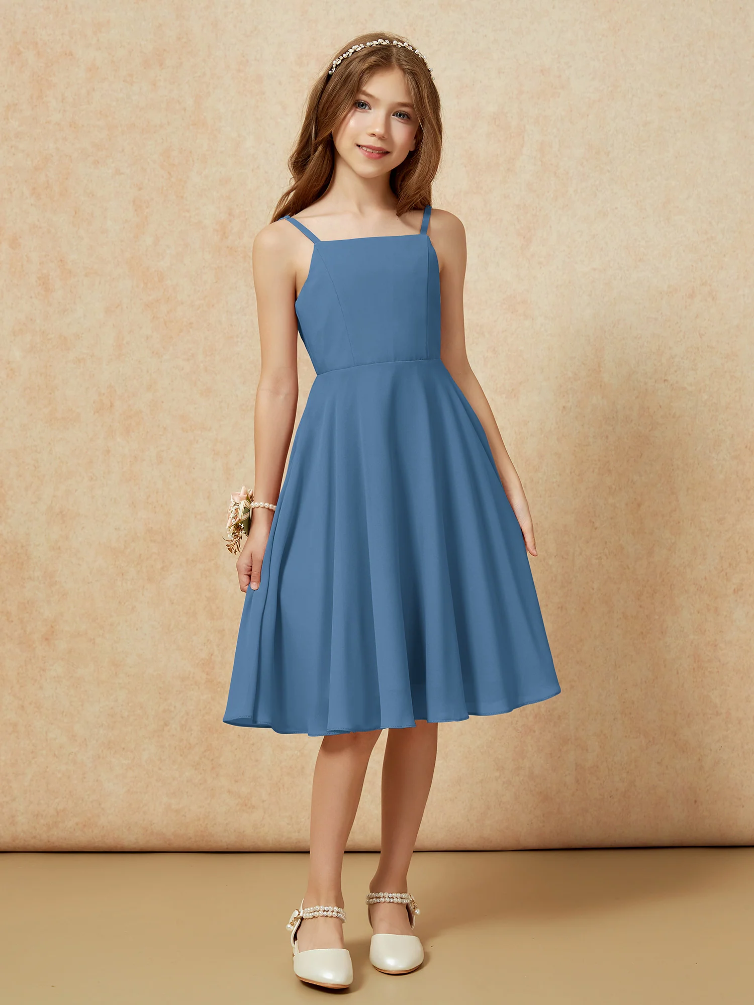 Square Neck Knee-length Junior Bridesmaid Dresses Slate Blue - Image 6