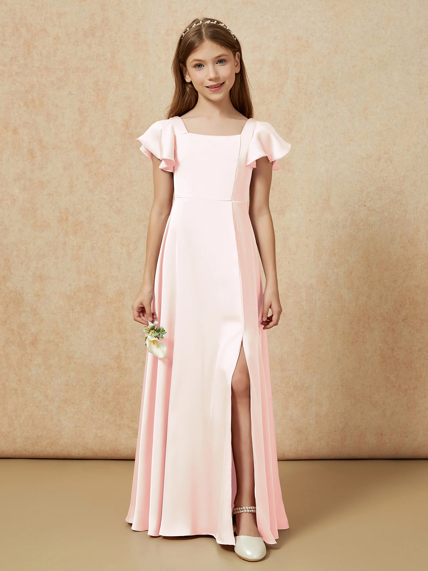 Square Neck Long Satin Junior Bridesmaid Dress Blushing Pink