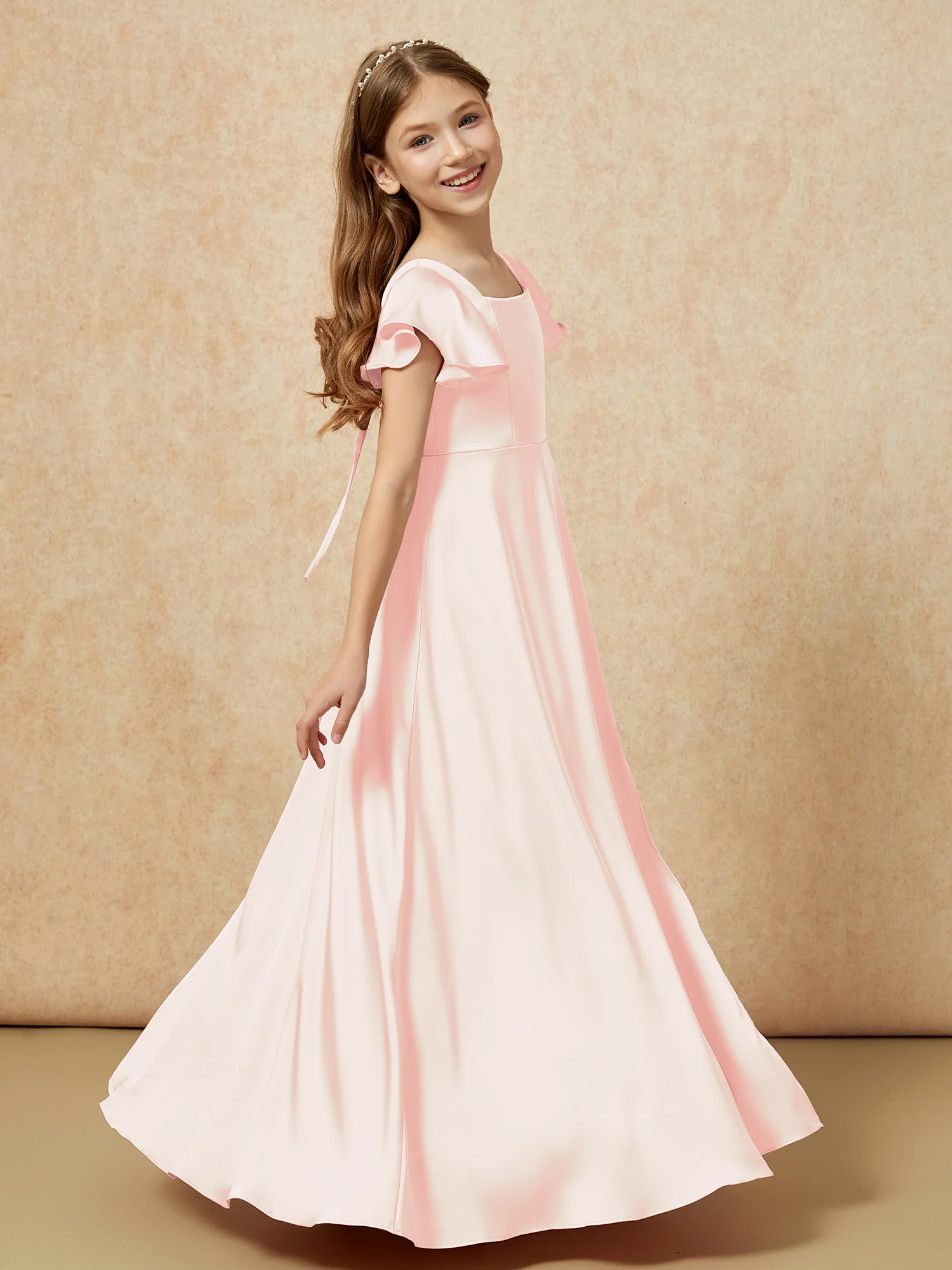Square Neck Long Satin Junior Bridesmaid Dress Blushing Pink - Image 3