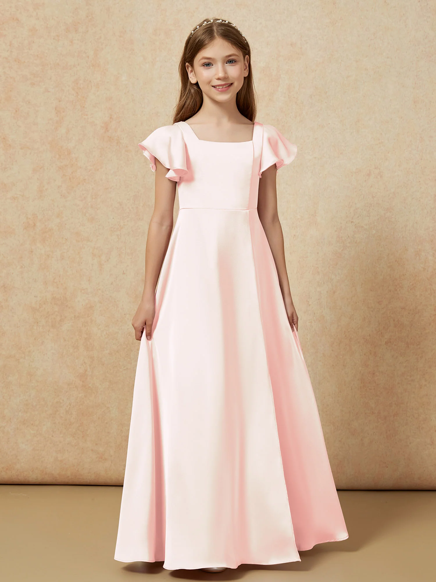 Square Neck Long Satin Junior Bridesmaid Dress Blushing Pink - Image 4