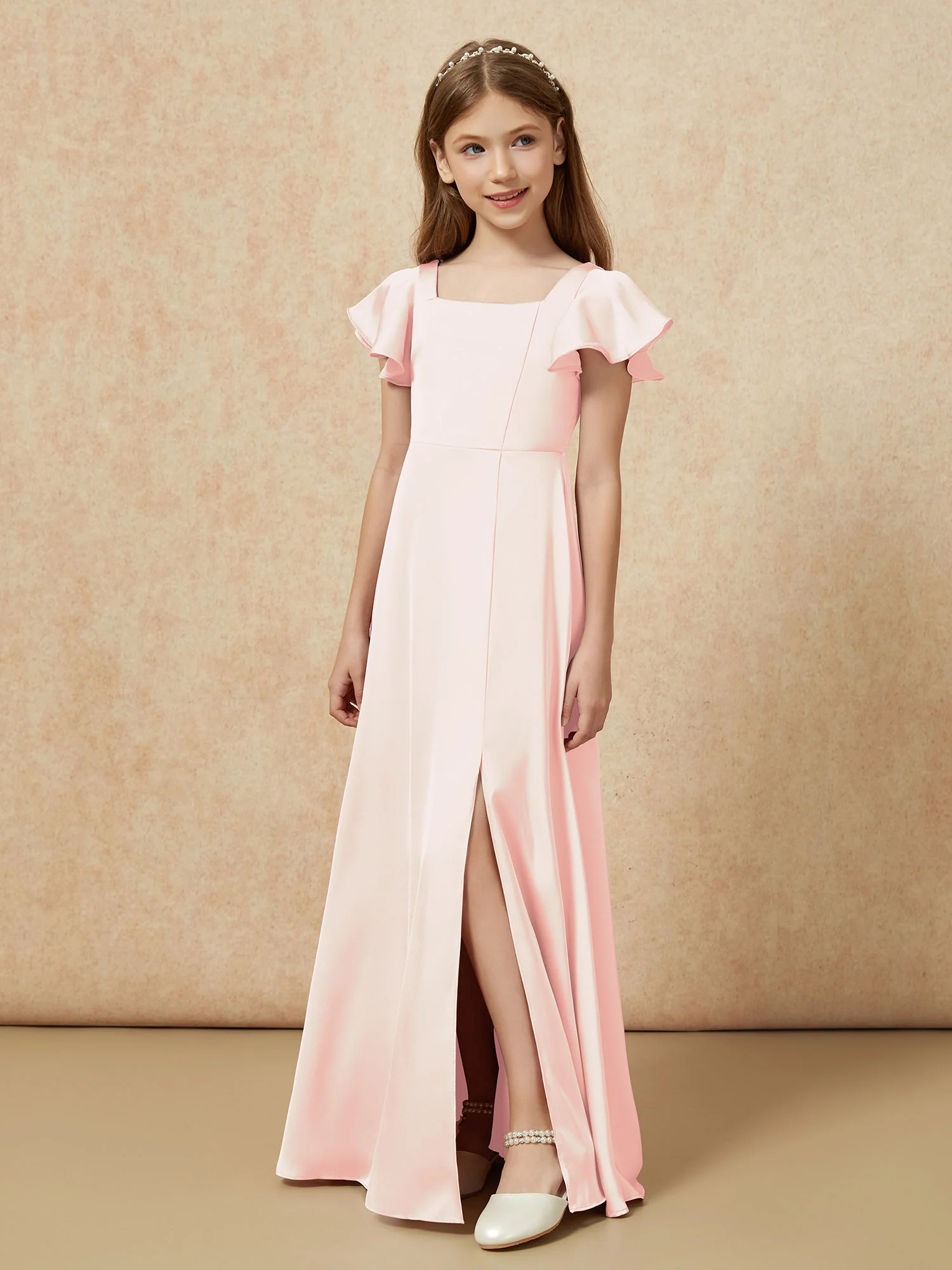 Square Neck Long Satin Junior Bridesmaid Dress Blushing Pink - Image 5