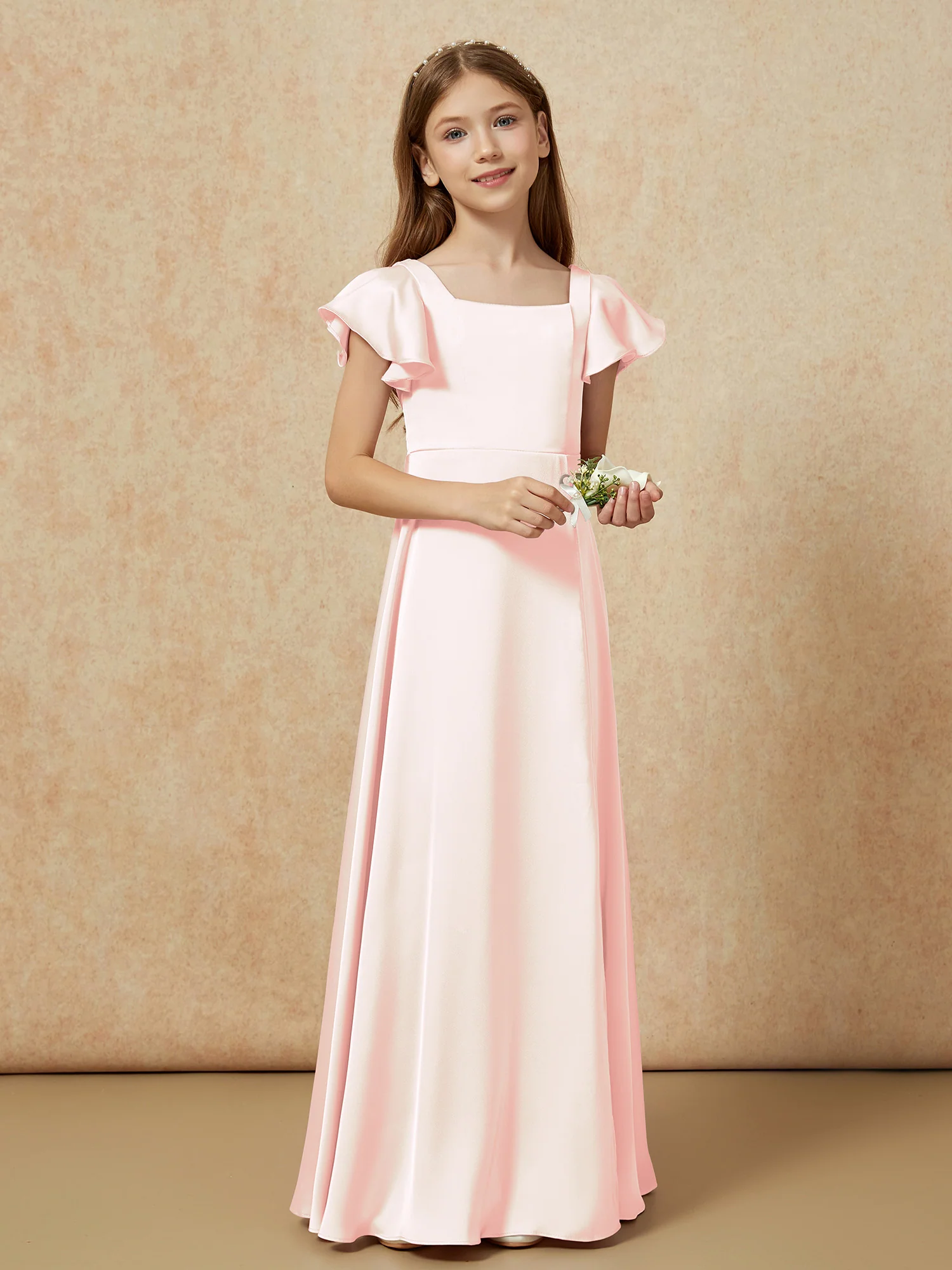 Square Neck Long Satin Junior Bridesmaid Dress Blushing Pink - Image 6