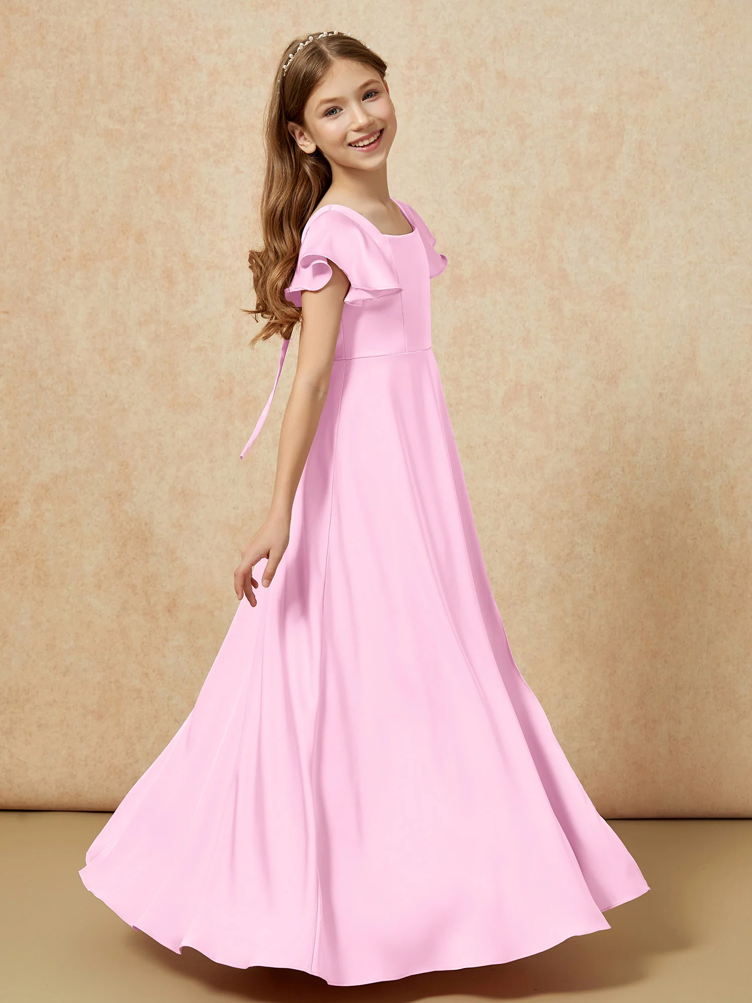Square Neck Long Satin Junior Bridesmaid Dress Candy Pink - Image 3