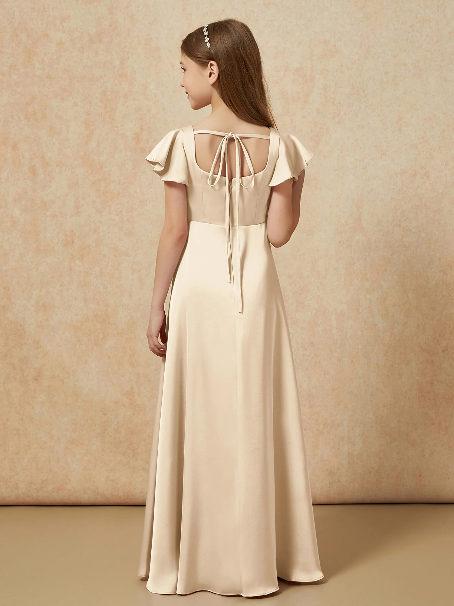 Square Neck Long Satin Junior Bridesmaid Dress Champagne - Image 2