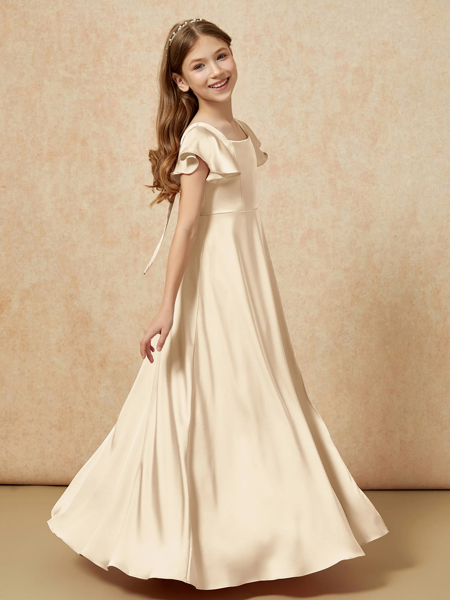 Square Neck Long Satin Junior Bridesmaid Dress Champagne - Image 3