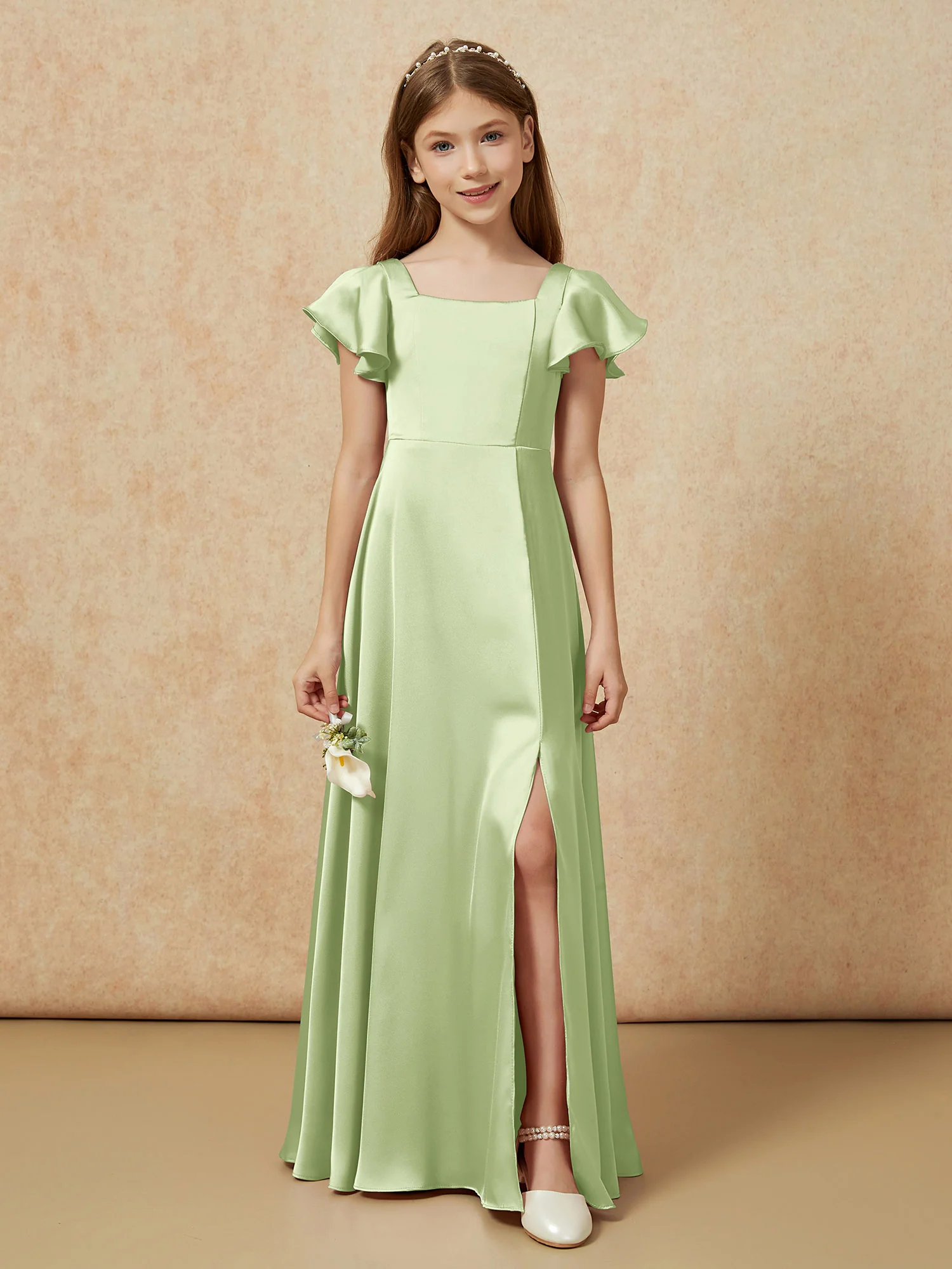 Square Neck Long Satin Junior Bridesmaid Dress Dusty Sage