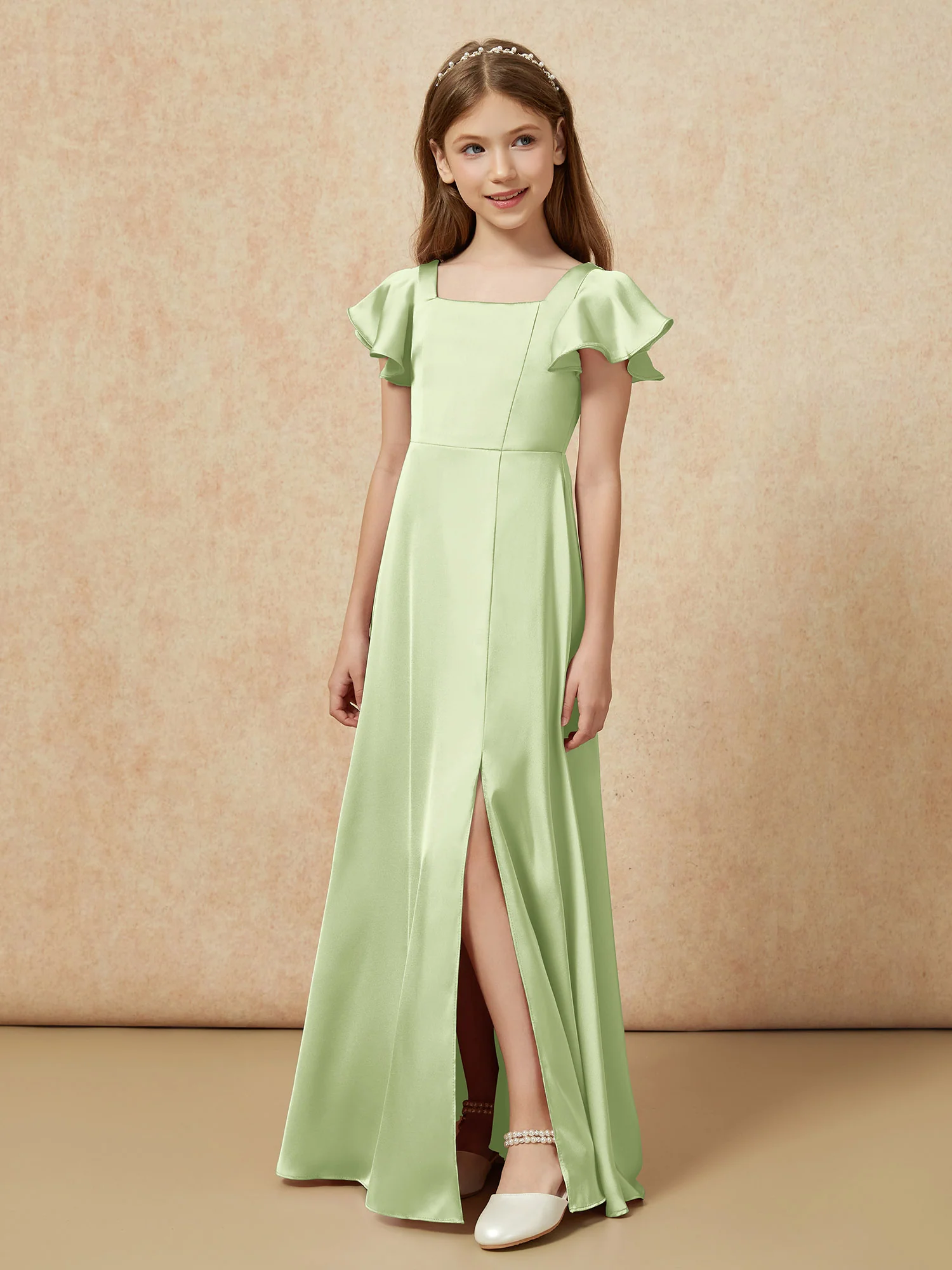 Square Neck Long Satin Junior Bridesmaid Dress Dusty Sage - Image 5