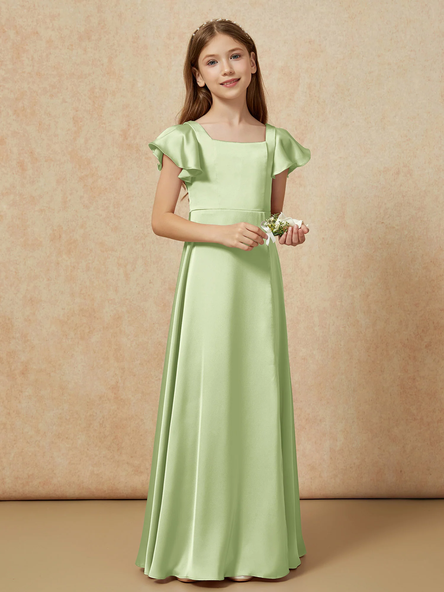 Square Neck Long Satin Junior Bridesmaid Dress Dusty Sage - Image 6