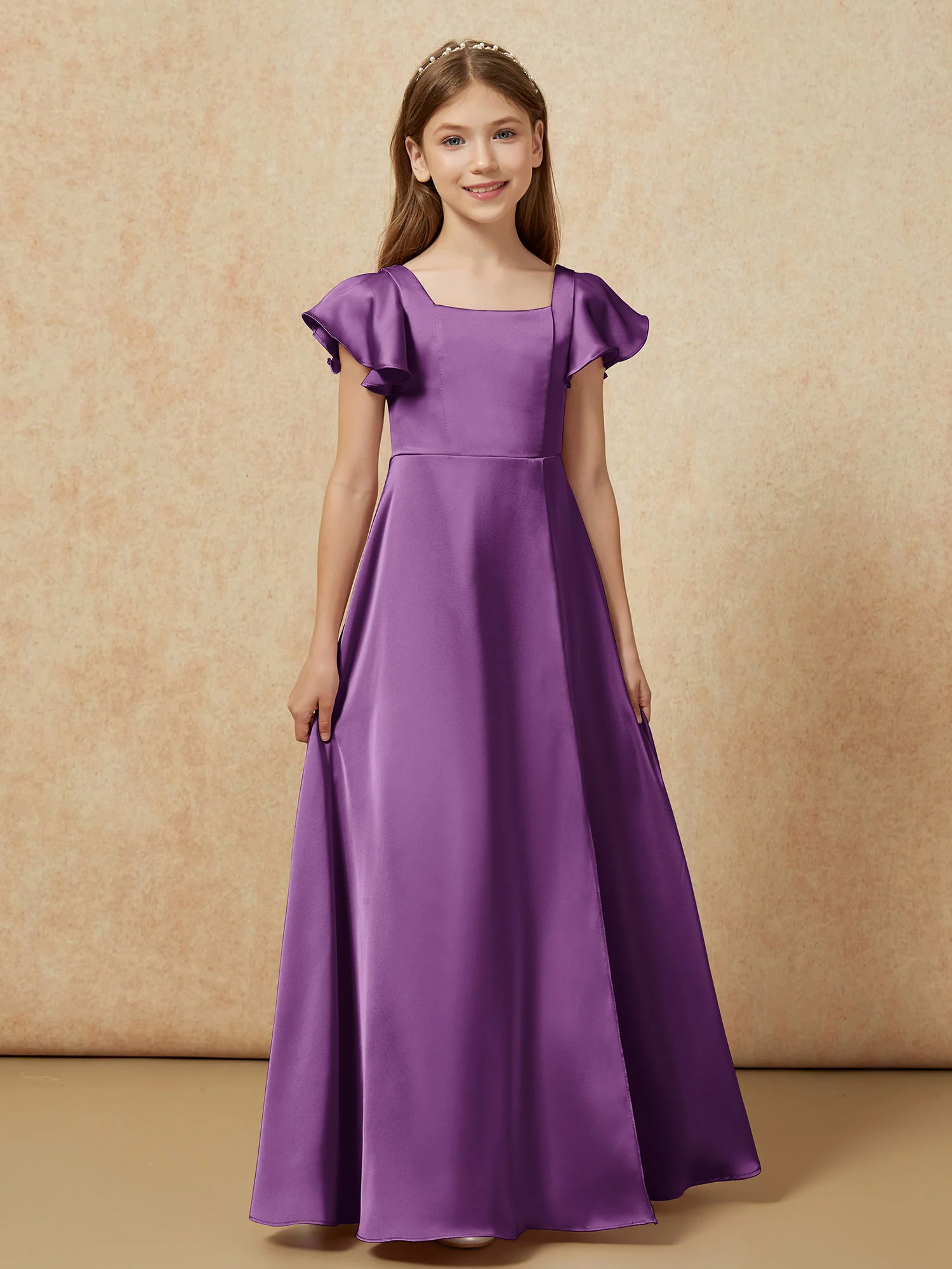 Square Neck Long Satin Junior Bridesmaid Dress Grape - Image 4