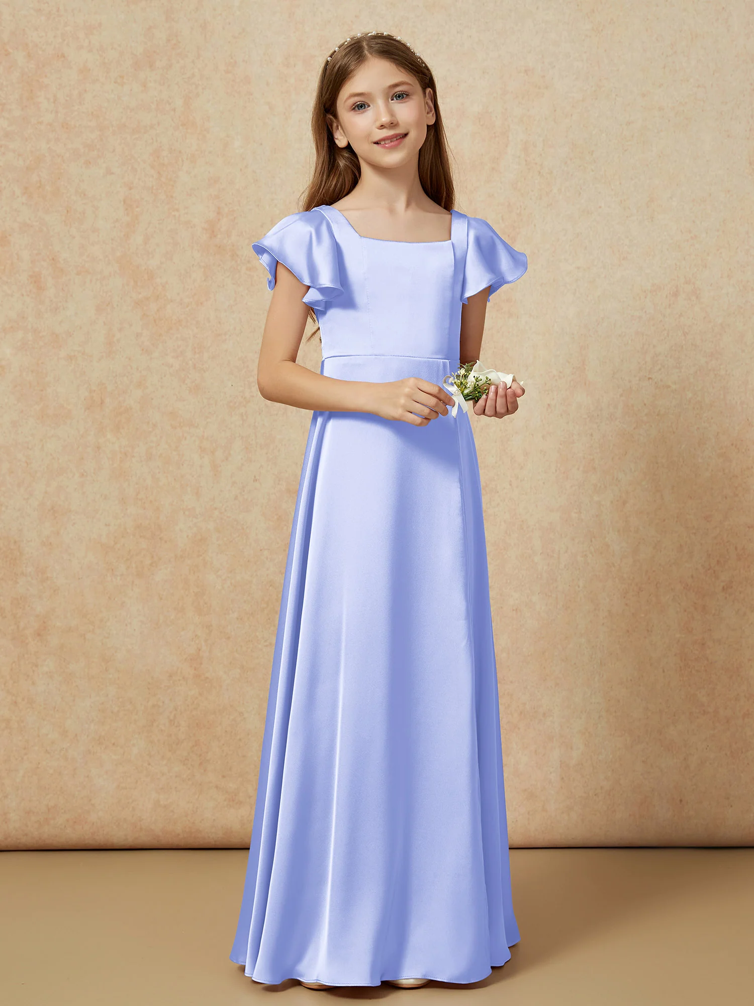 Square Neck Long Satin Junior Bridesmaid Dress Lavender - Image 6