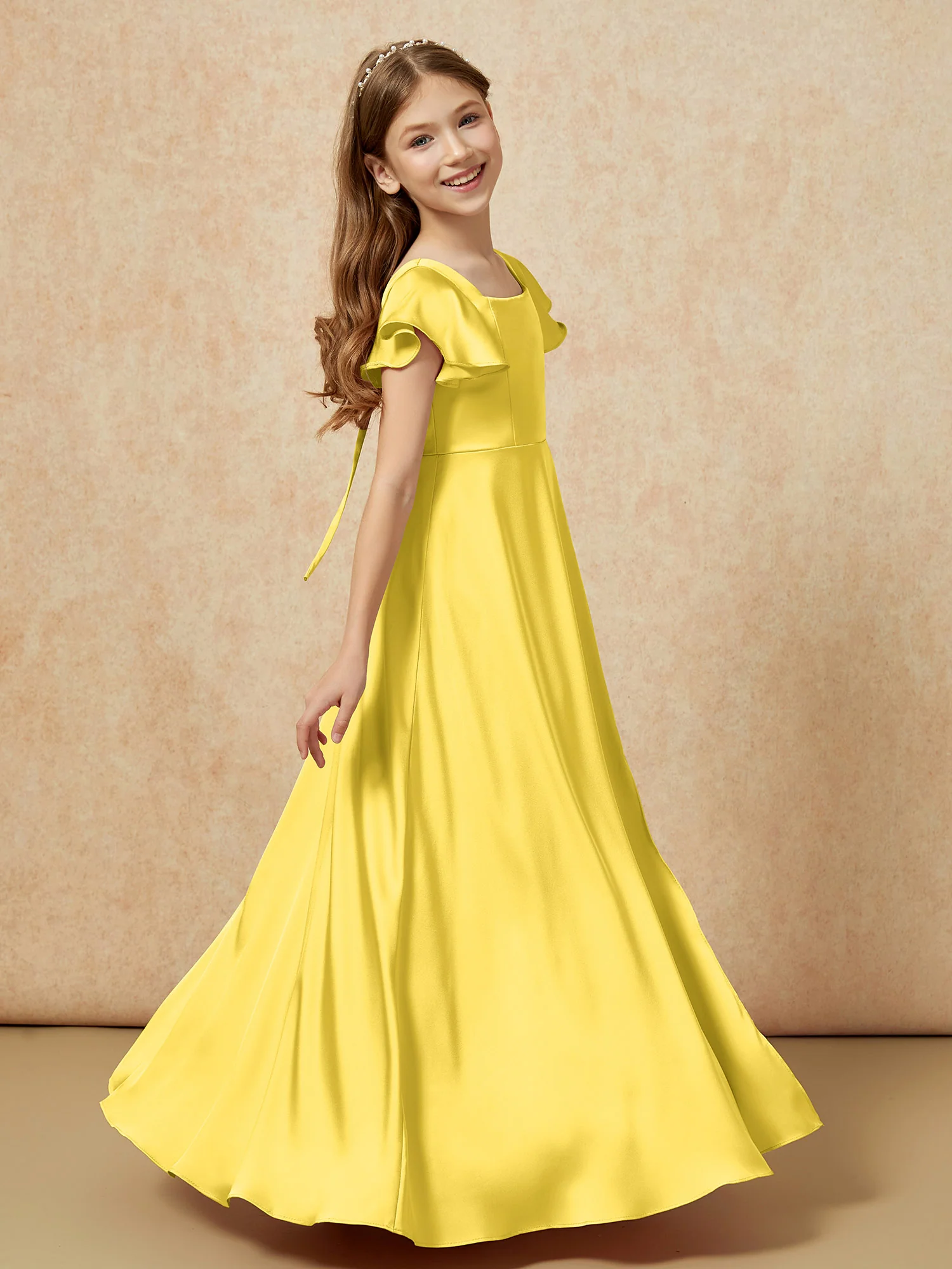Square Neck Long Satin Junior Bridesmaid Dress Marigold - Image 3