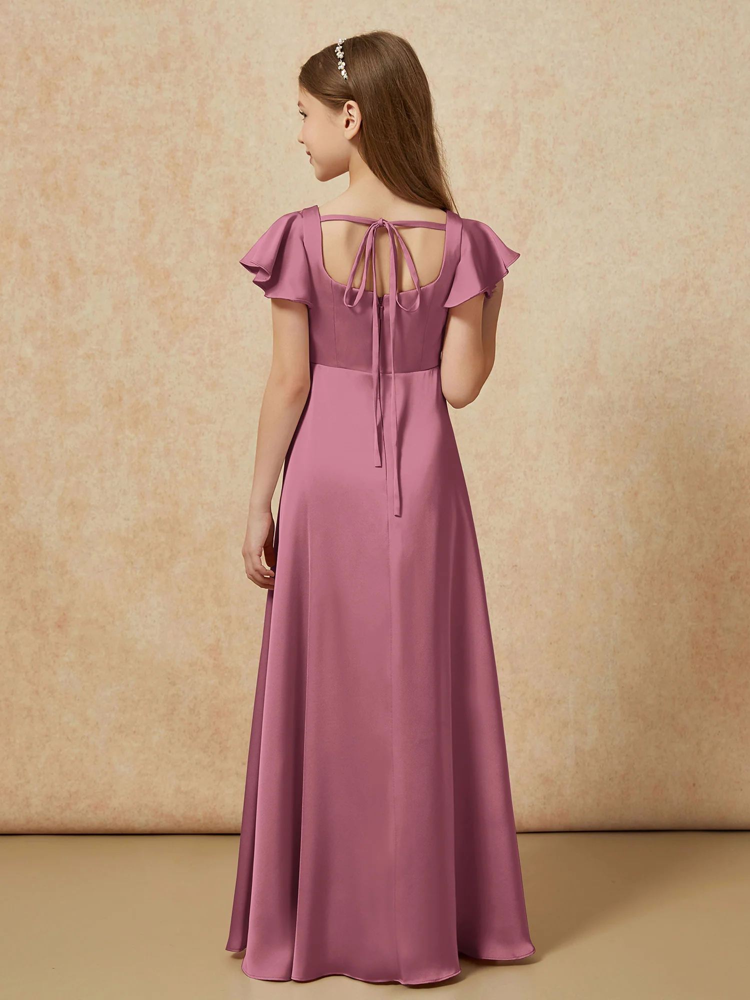 Square Neck Long Satin Junior Bridesmaid Dress Mulberry - Image 2