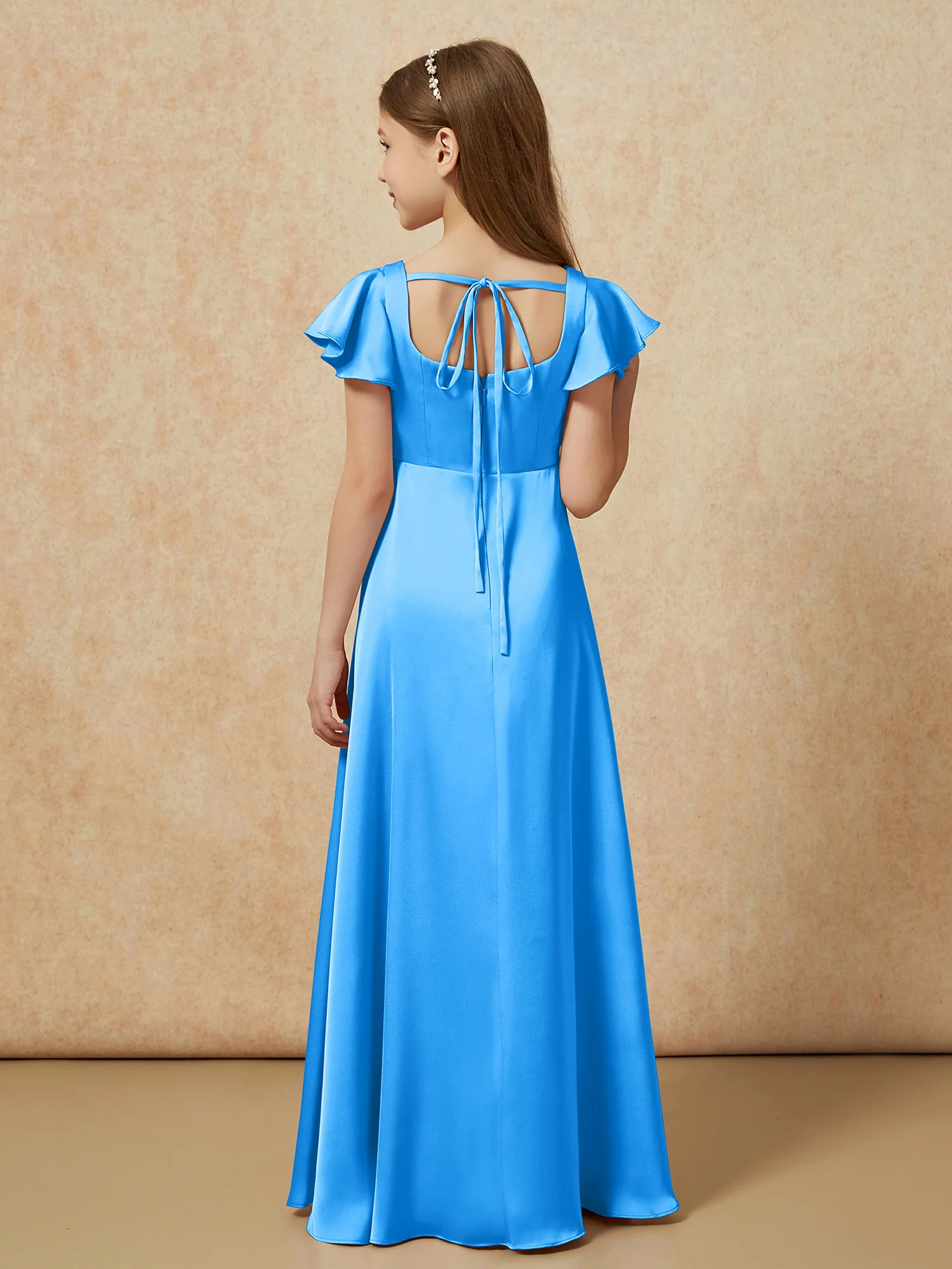 Square Neck Long Satin Junior Bridesmaid Dress Ocean Blue - Image 2