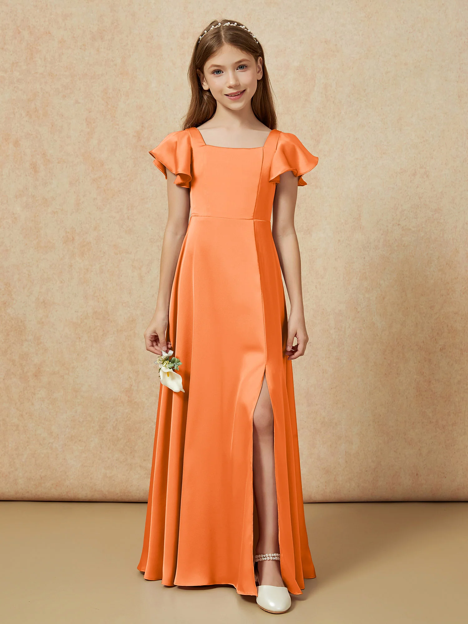 Square Neck Long Satin Junior Bridesmaid Dress Orange