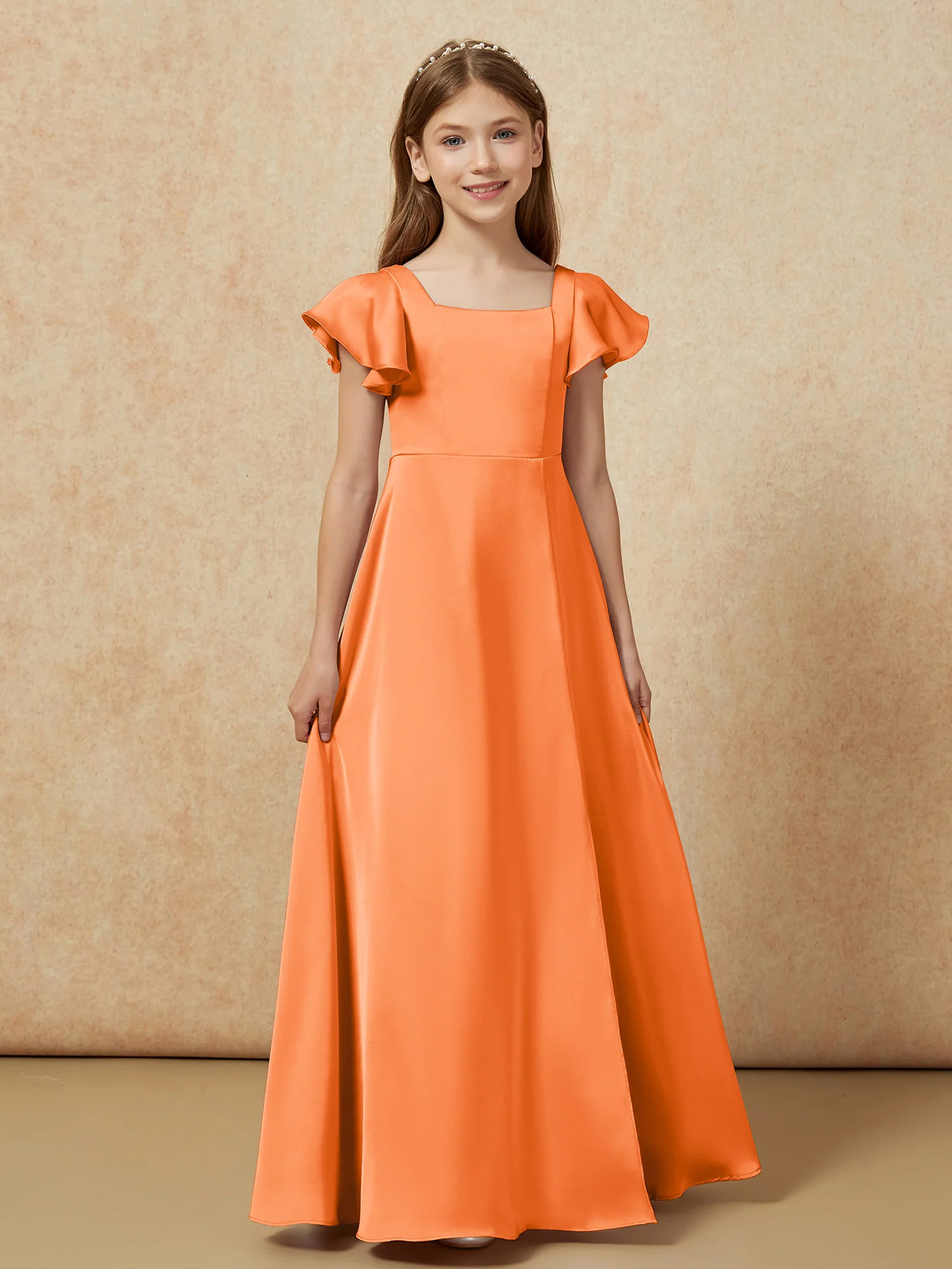 Square Neck Long Satin Junior Bridesmaid Dress Orange - Image 4