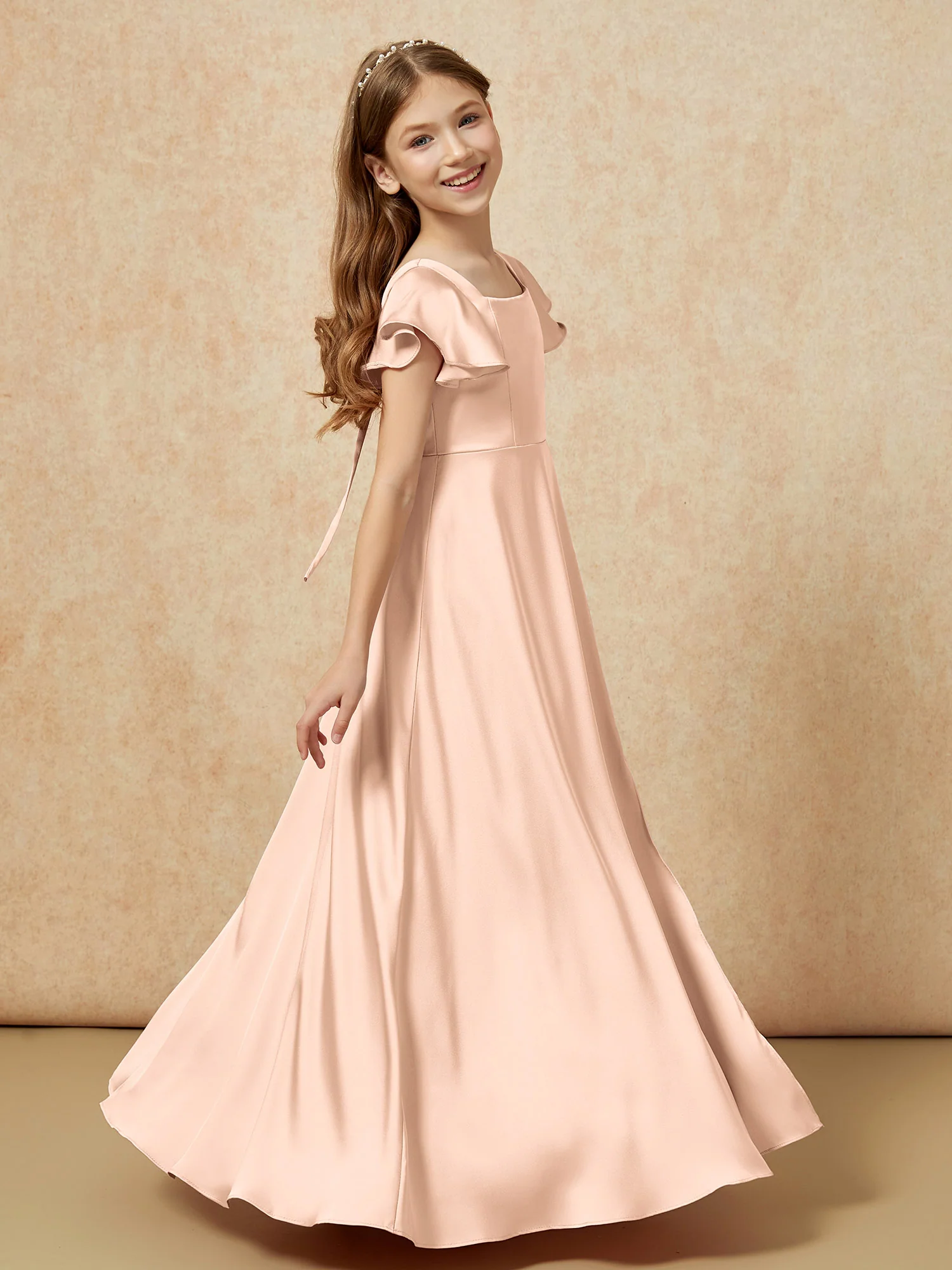 Square Neck Long Satin Junior Bridesmaid Dress Peach - Image 3