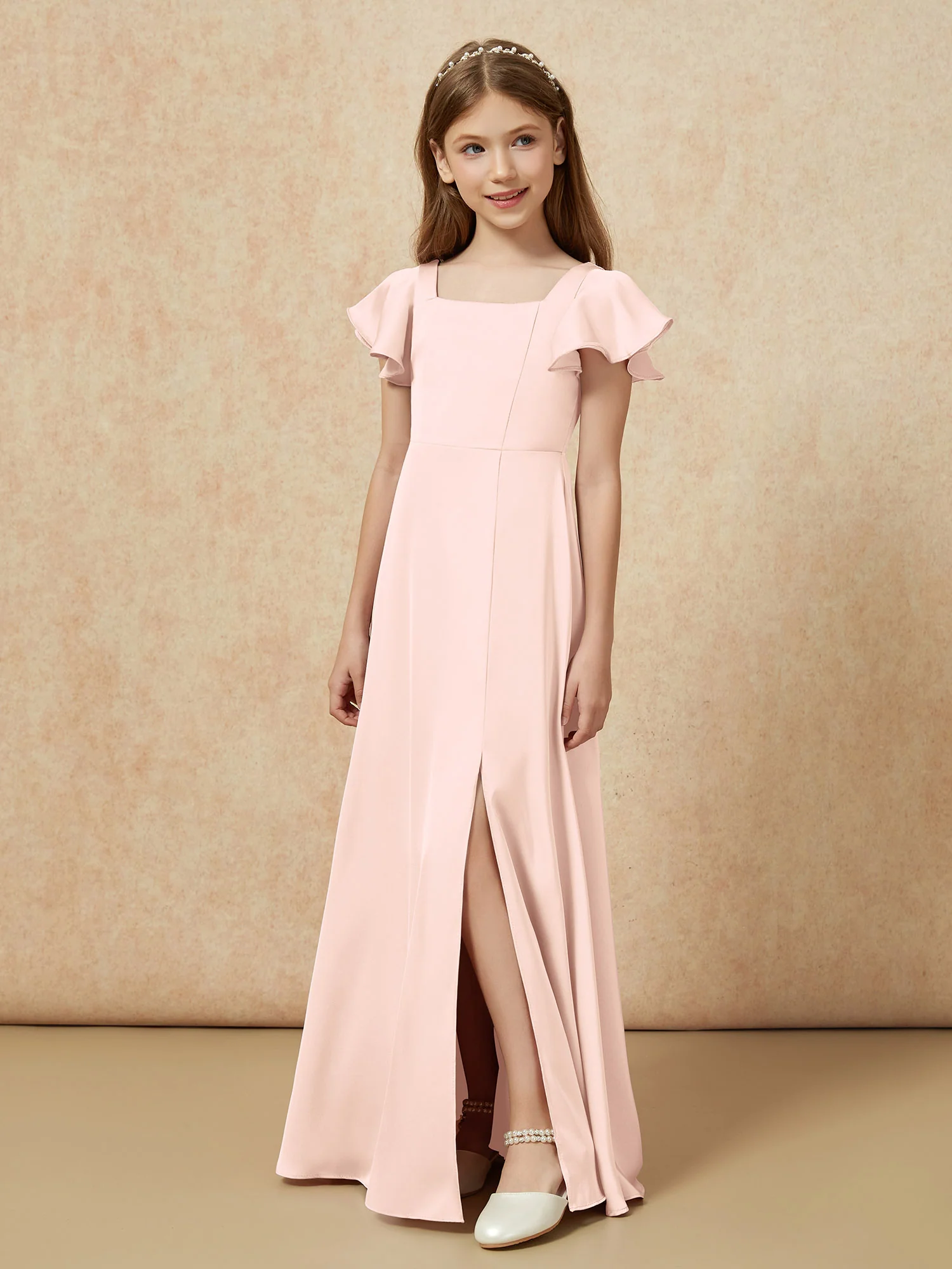 Square Neck Long Satin Junior Bridesmaid Dress Pearl Pink - Image 5