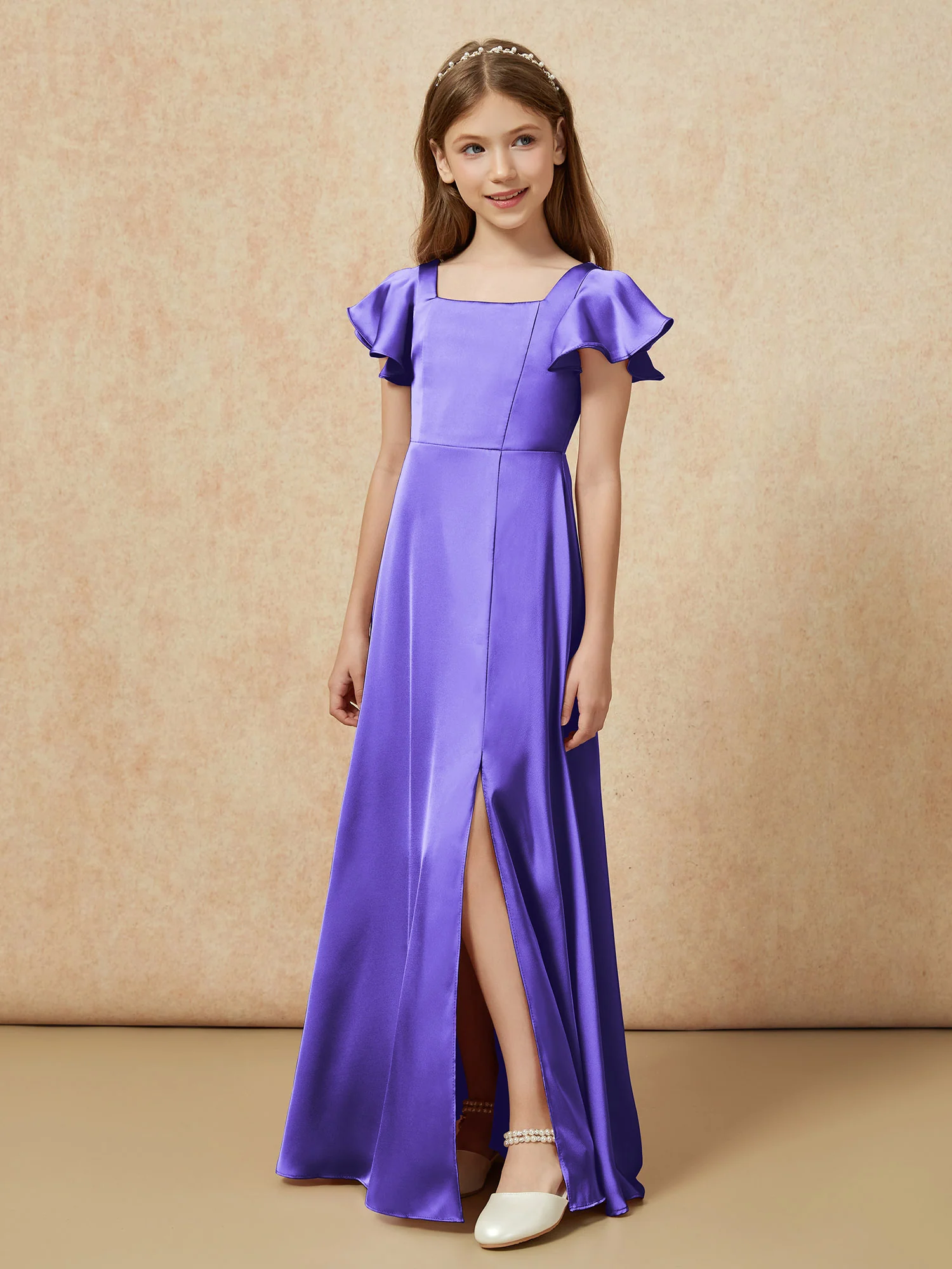 Square Neck Long Satin Junior Bridesmaid Dress Regency - Image 5