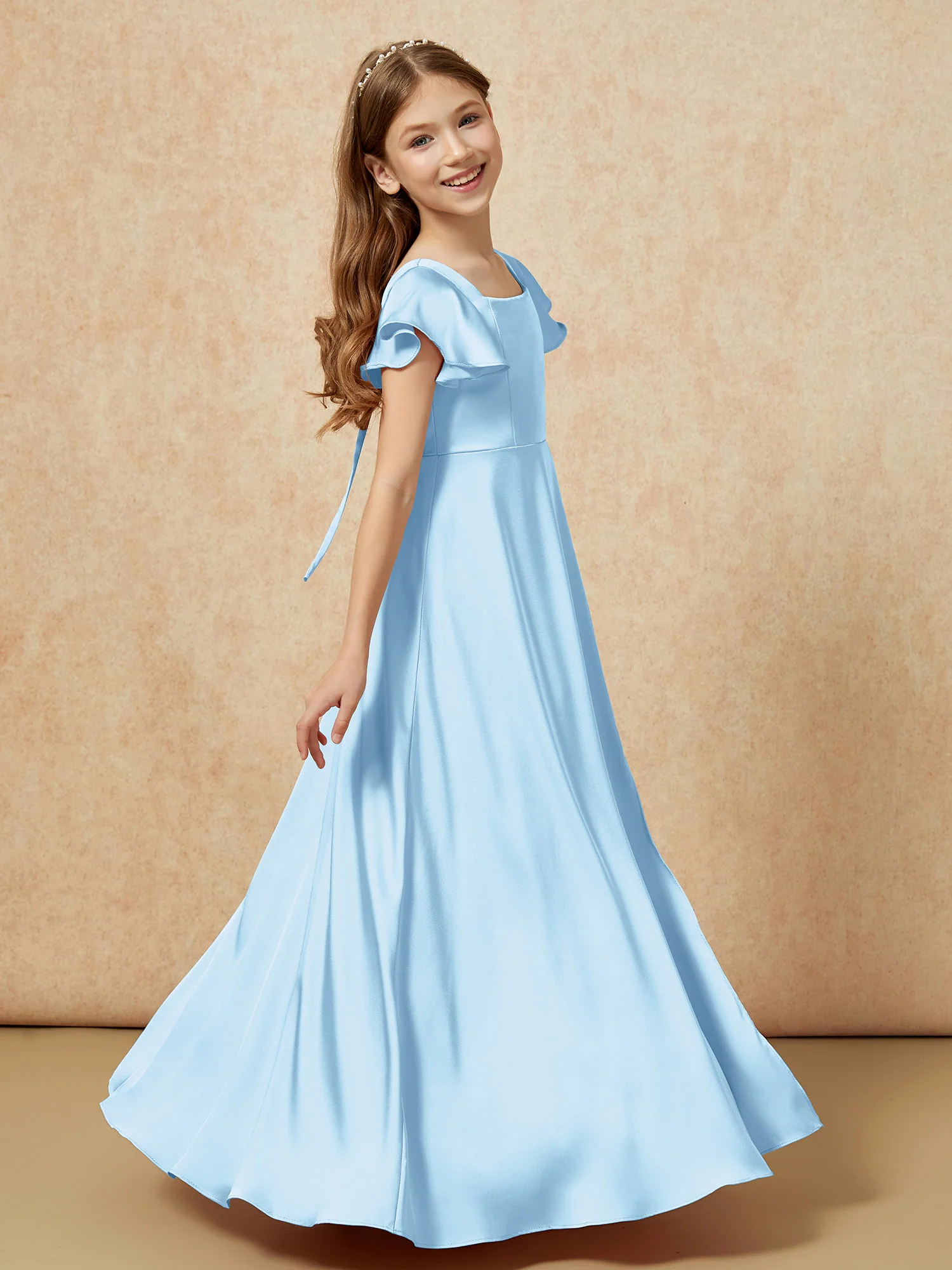 Square Neck Long Satin Junior Bridesmaid Dress Sky Blue - Image 3