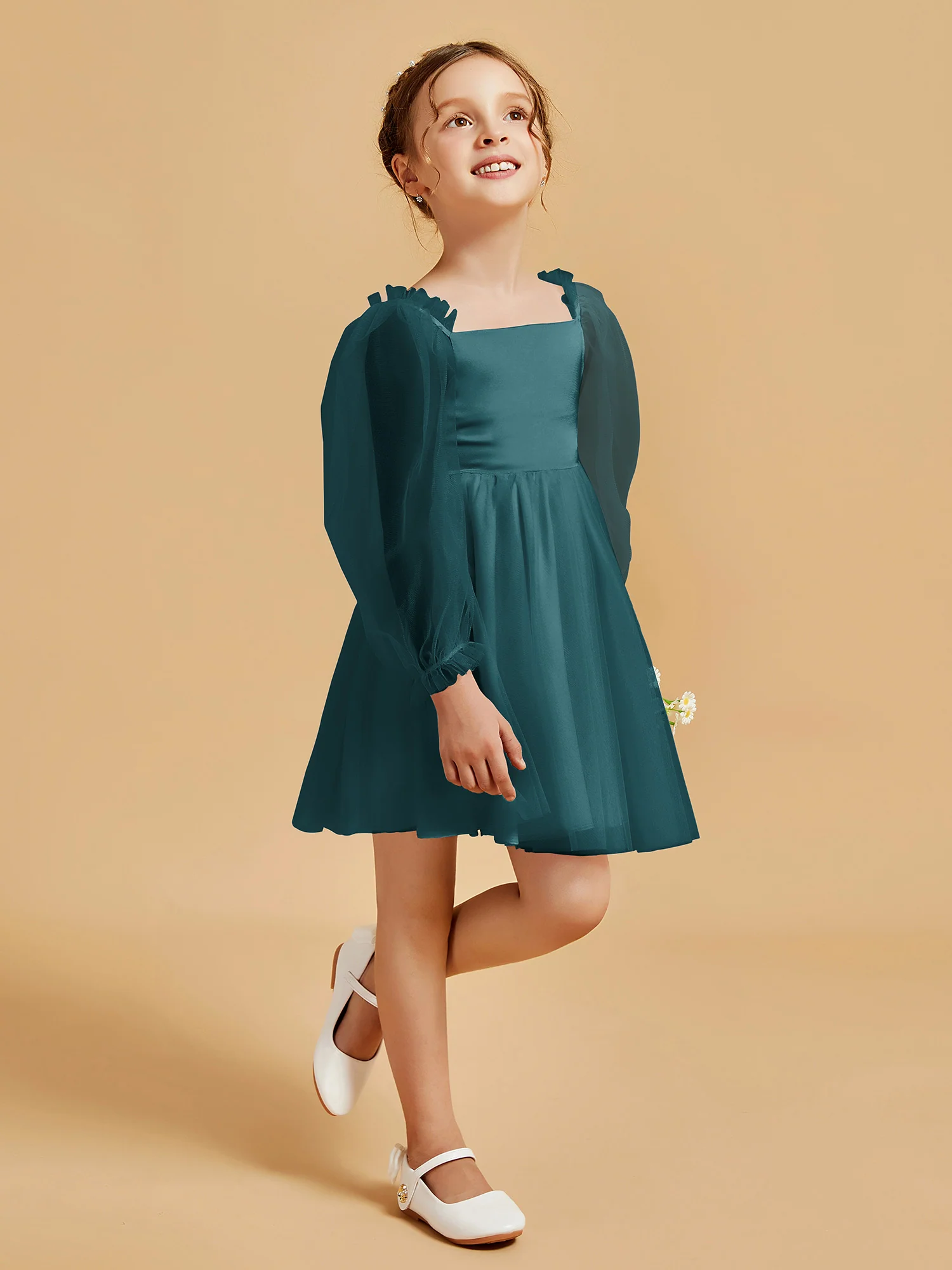 Square Neck Long Sleeve Girl's Short Dress Peacock - Image 3