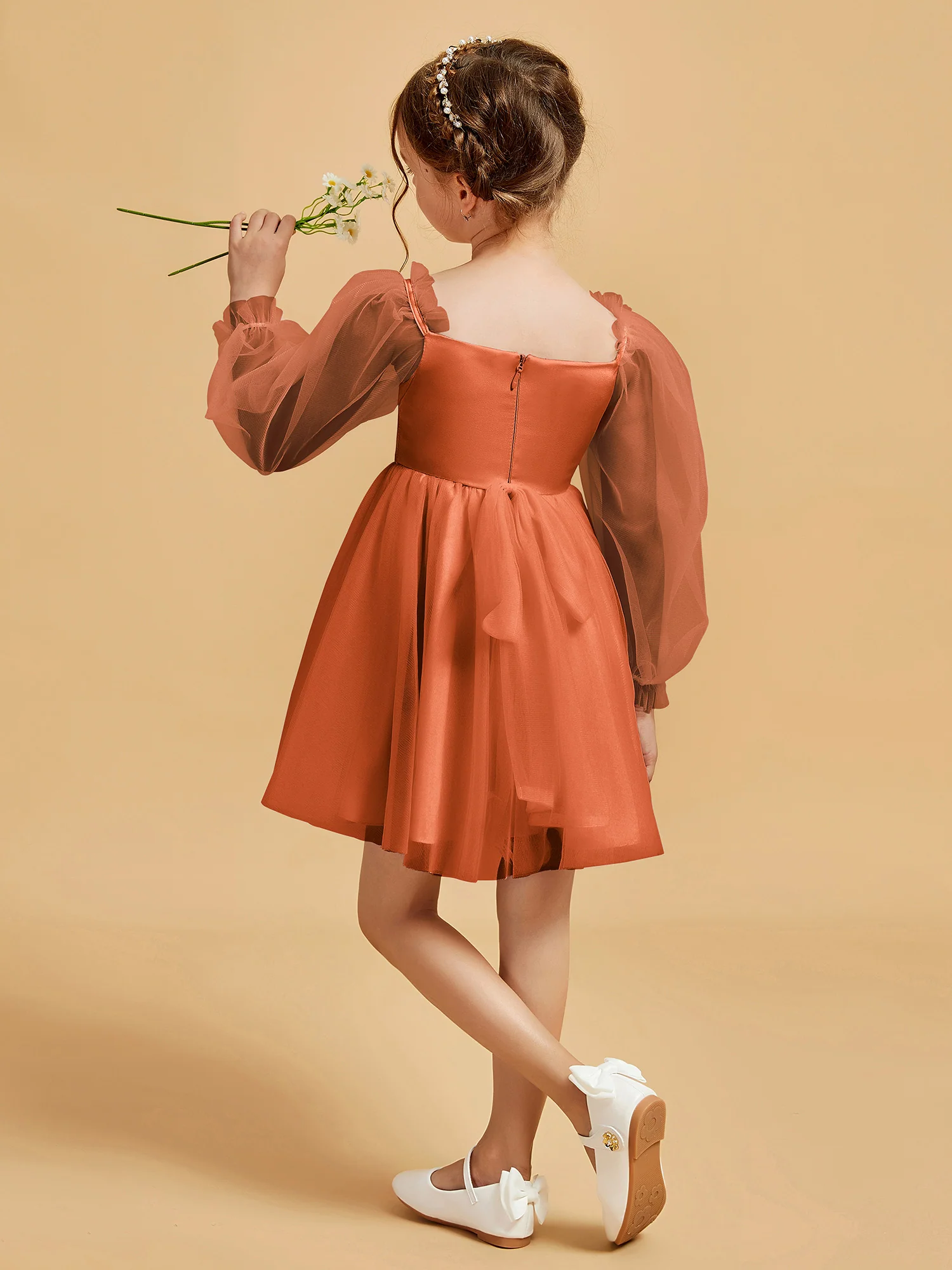 Square Neck Long Sleeve Girl's Short Dress Rust - Image 2