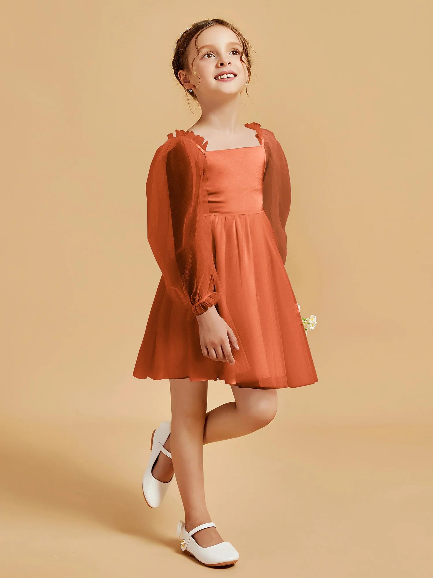 Square Neck Long Sleeve Girl's Short Dress Rust - Image 3